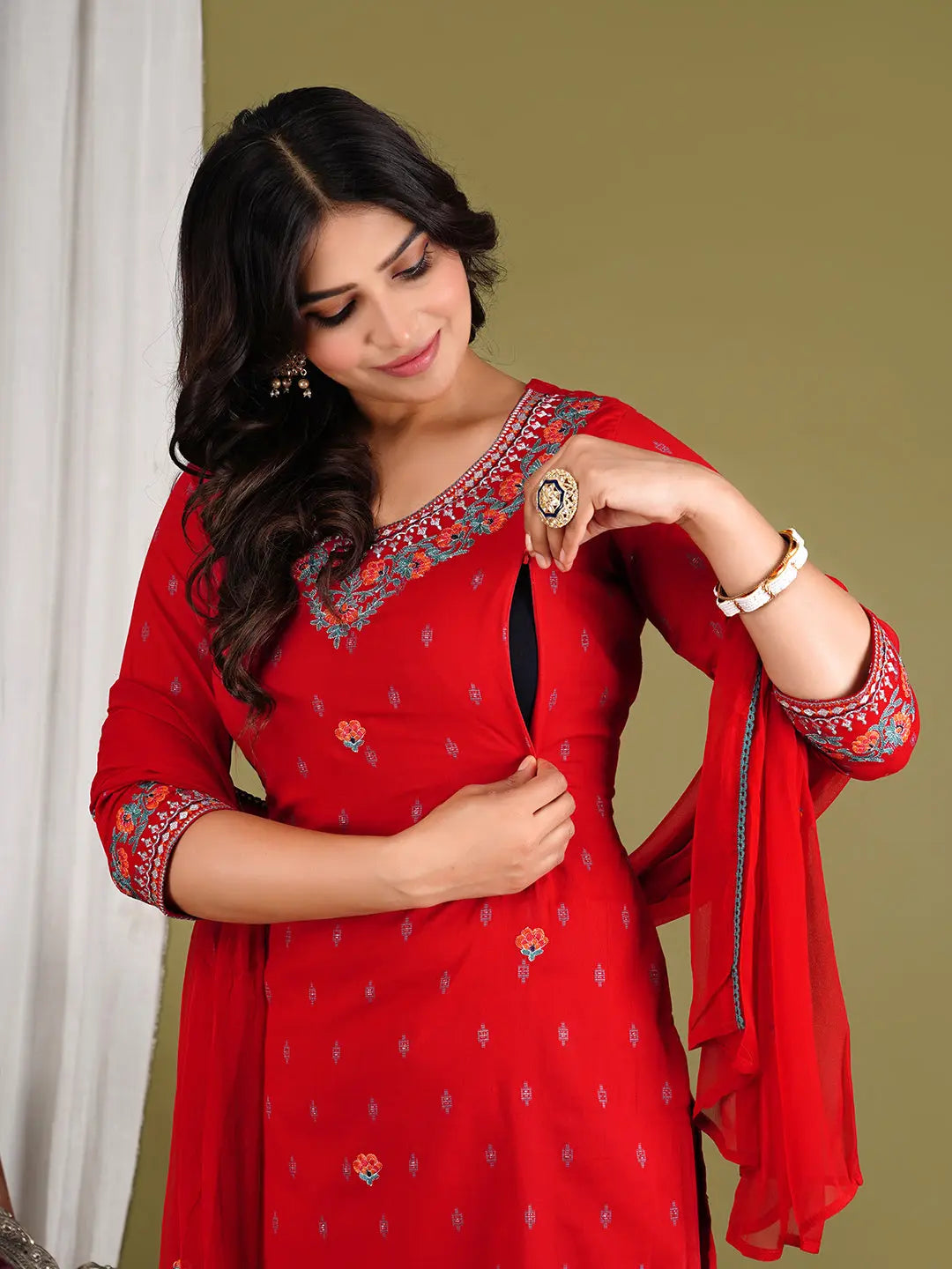 PURE COTTON  EMBROIDERED KURTA PANT AND DUPATTA SET FOR FEEDING AND MATERNITY PURPOSE mumzhug