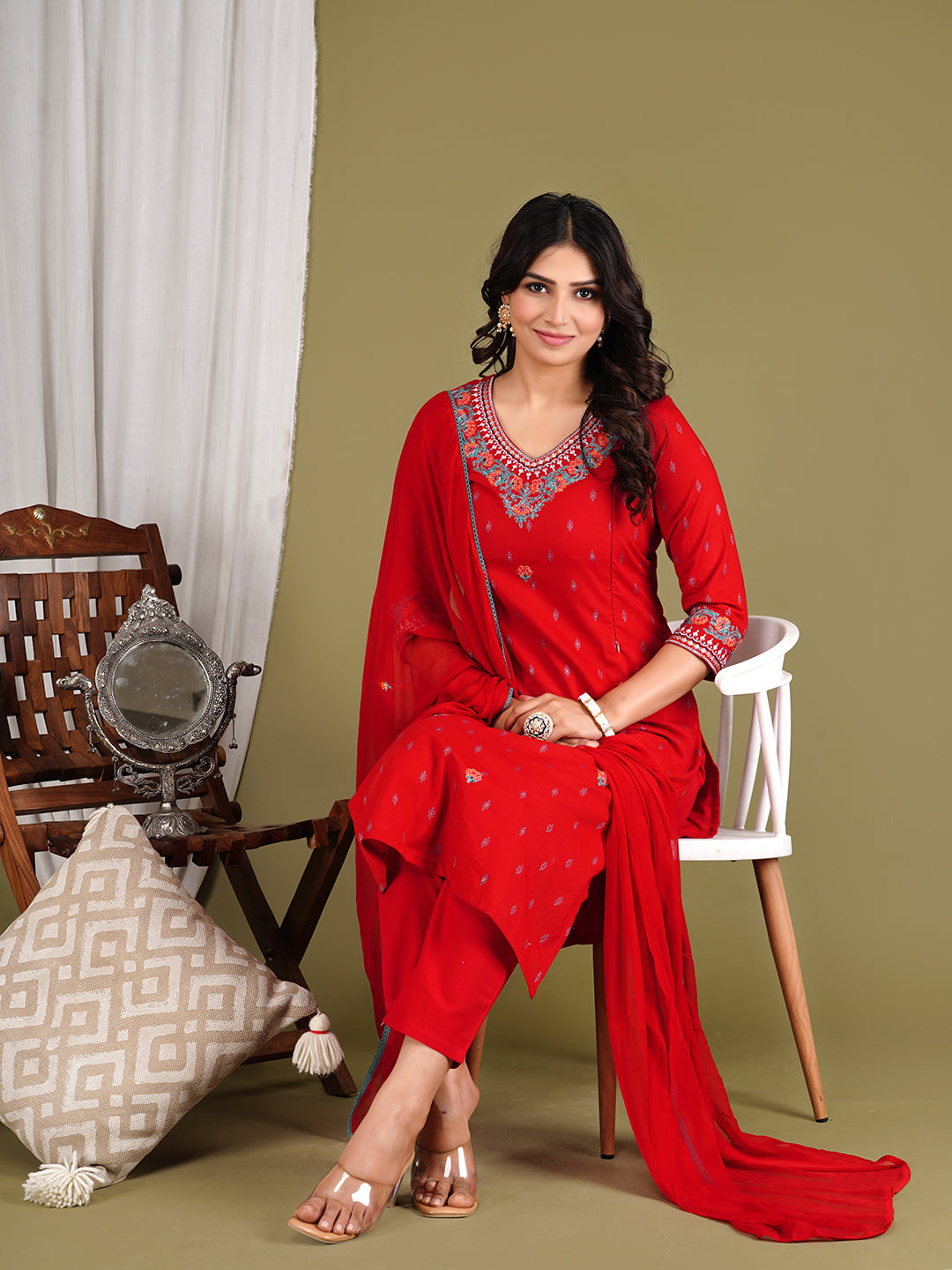 RED COLORED COTTON THREAD EMBROIDED KURTA PANT AND DUPATTA SET WITH ATTACHED LINING