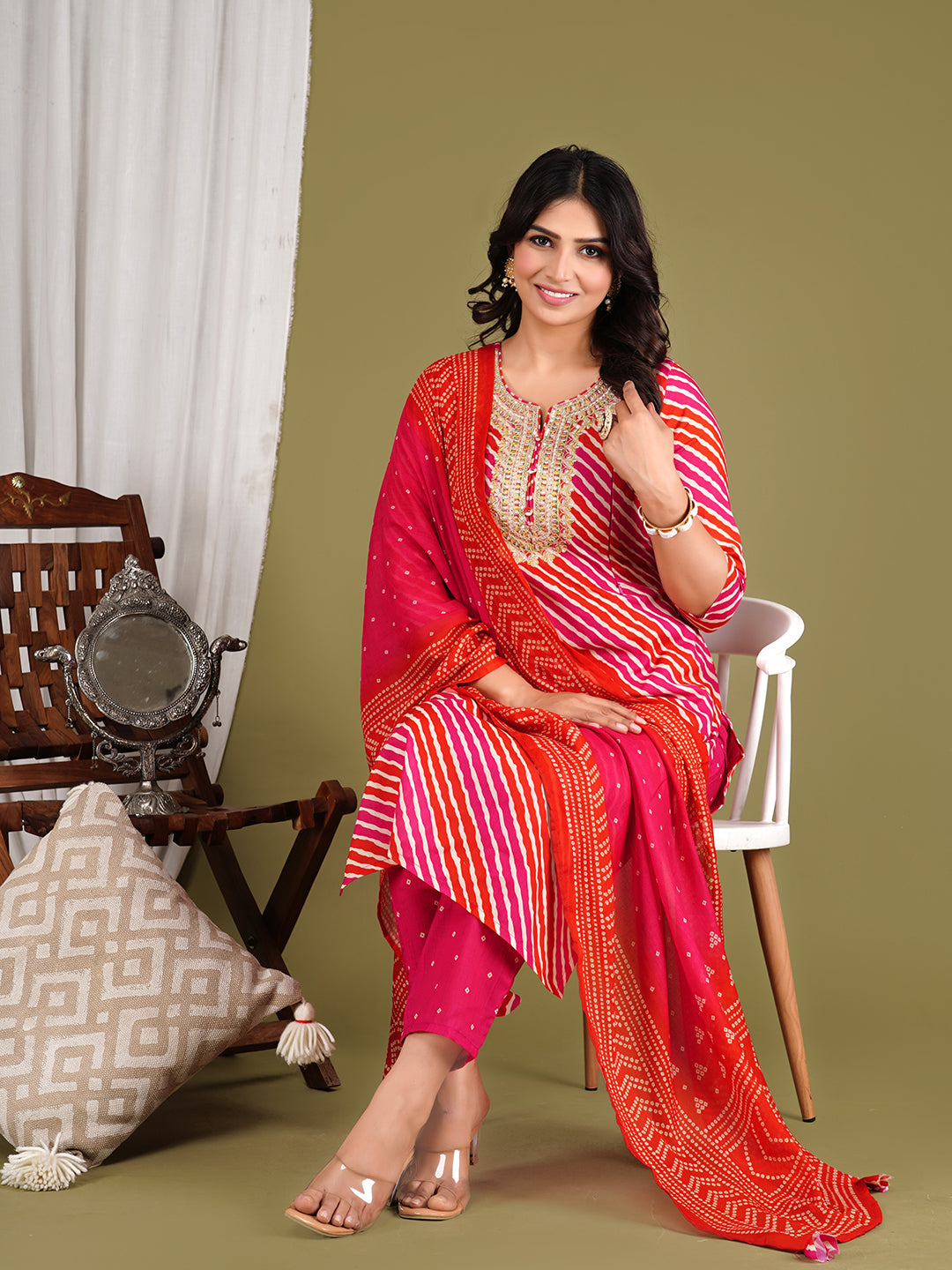 FUSCHIA COLORED LEHARIYA GOTA PATTI EMBROIDED KURTA PANT AND DUPATTA SET WITH ATTACHED LINING