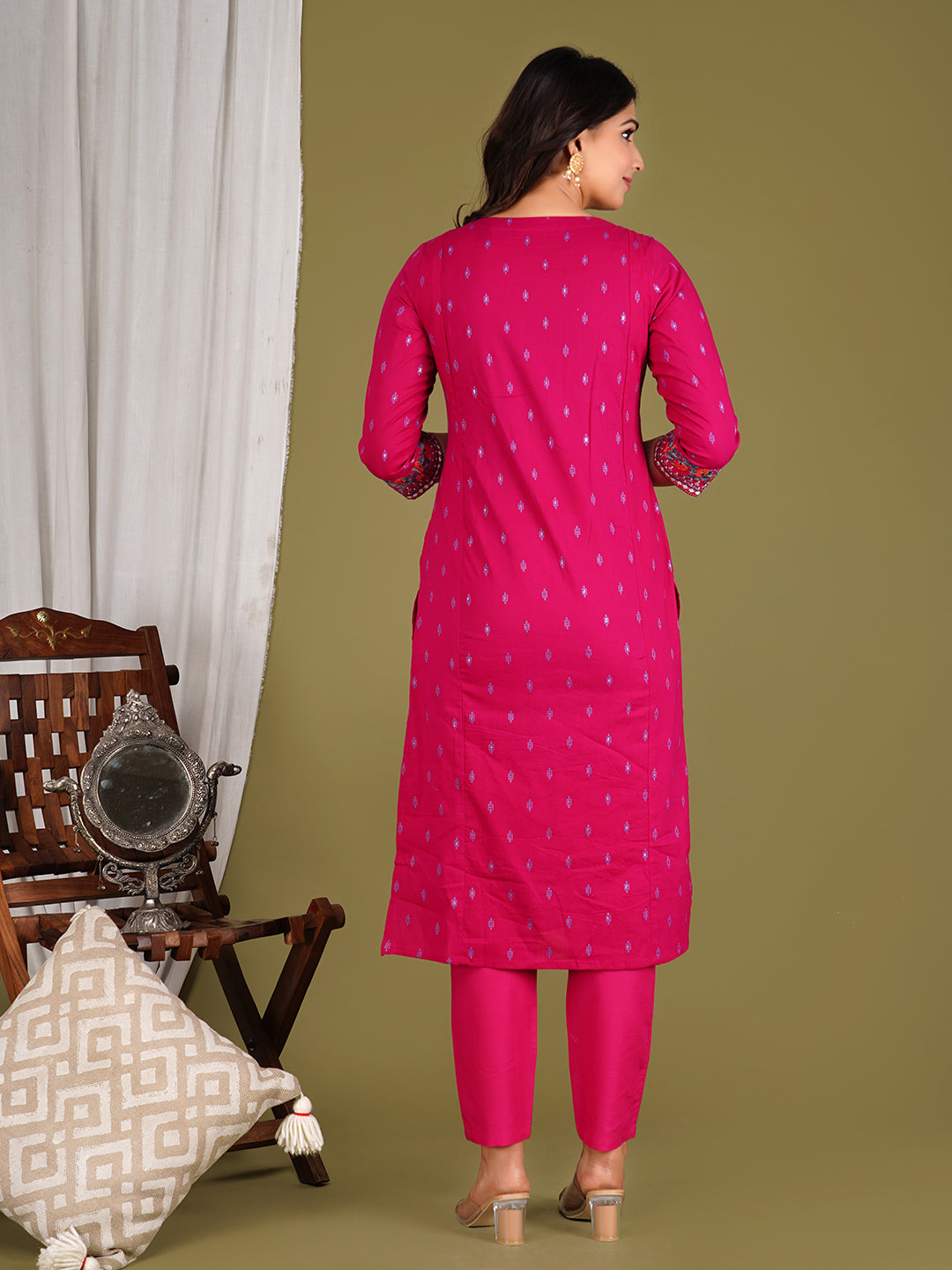 FUSCHIA COLORED COTTON EMBROIDED KURTA SET WITH ATTACHED LINING