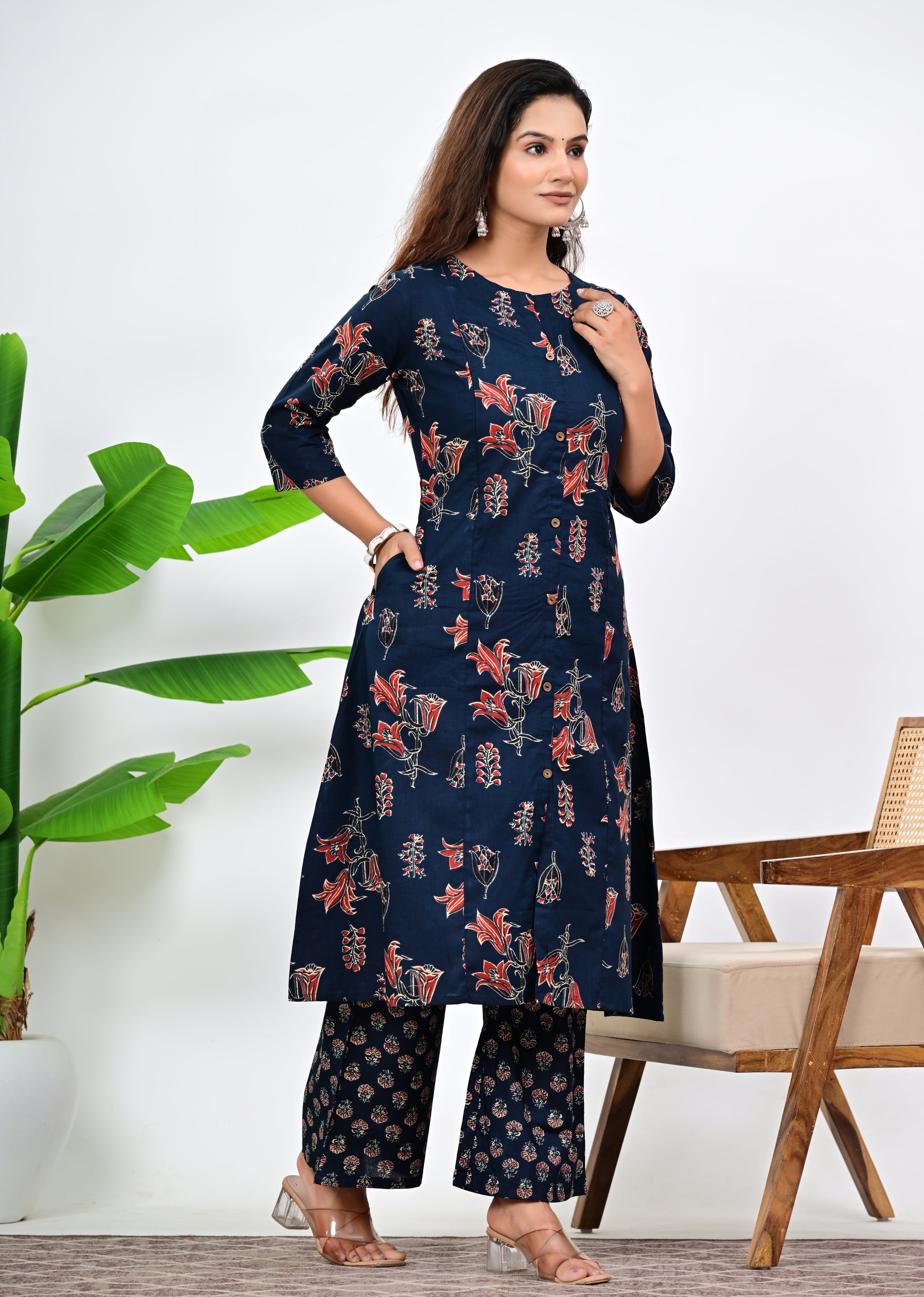 Mumzhug Navy Blue Colored Pure Cotton Jaipuri Multi Floral Print Feeding Kurta