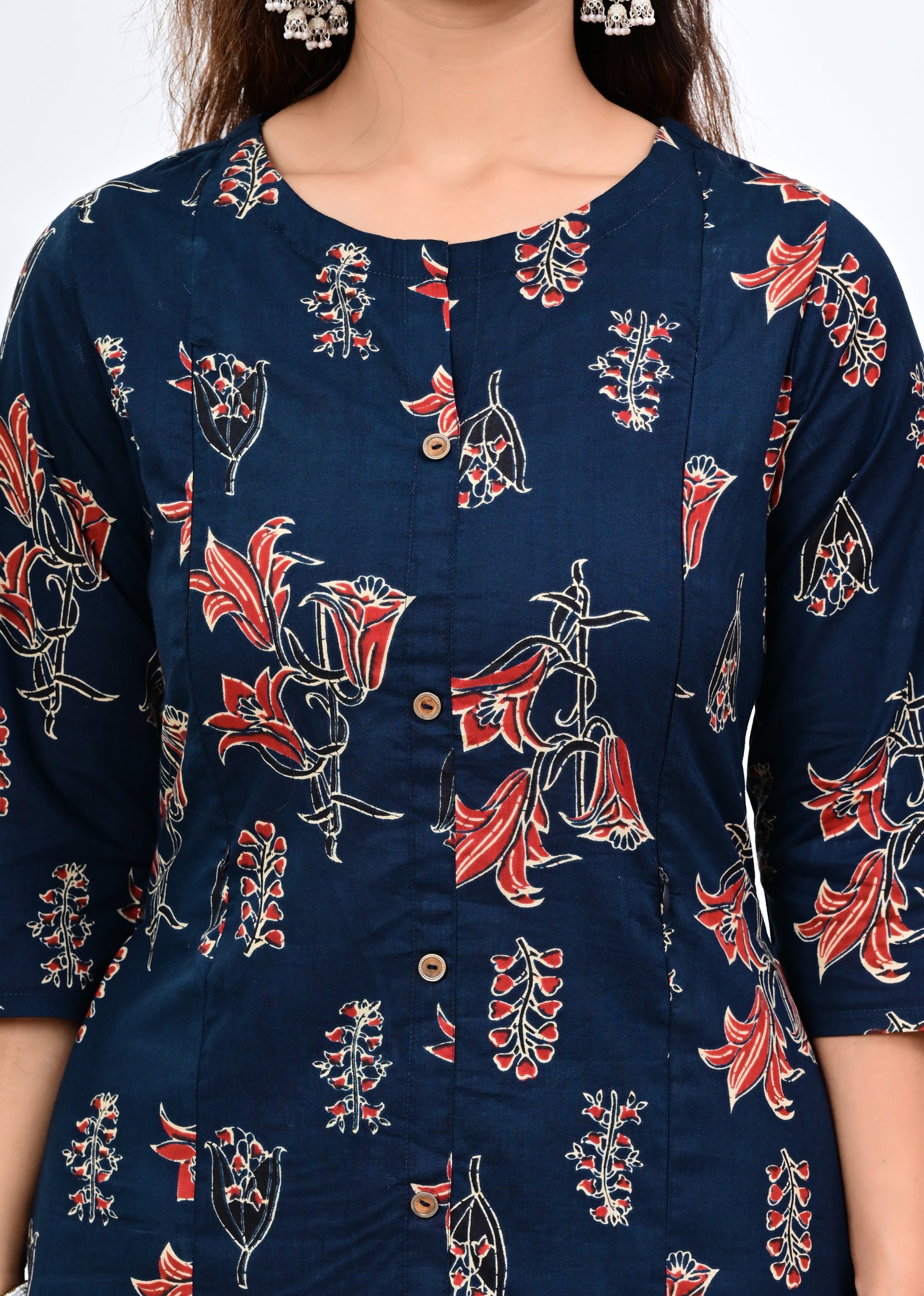 Mumzhug Navy Blue Colored Pure Cotton Jaipuri Multi Floral Print Feeding Kurta