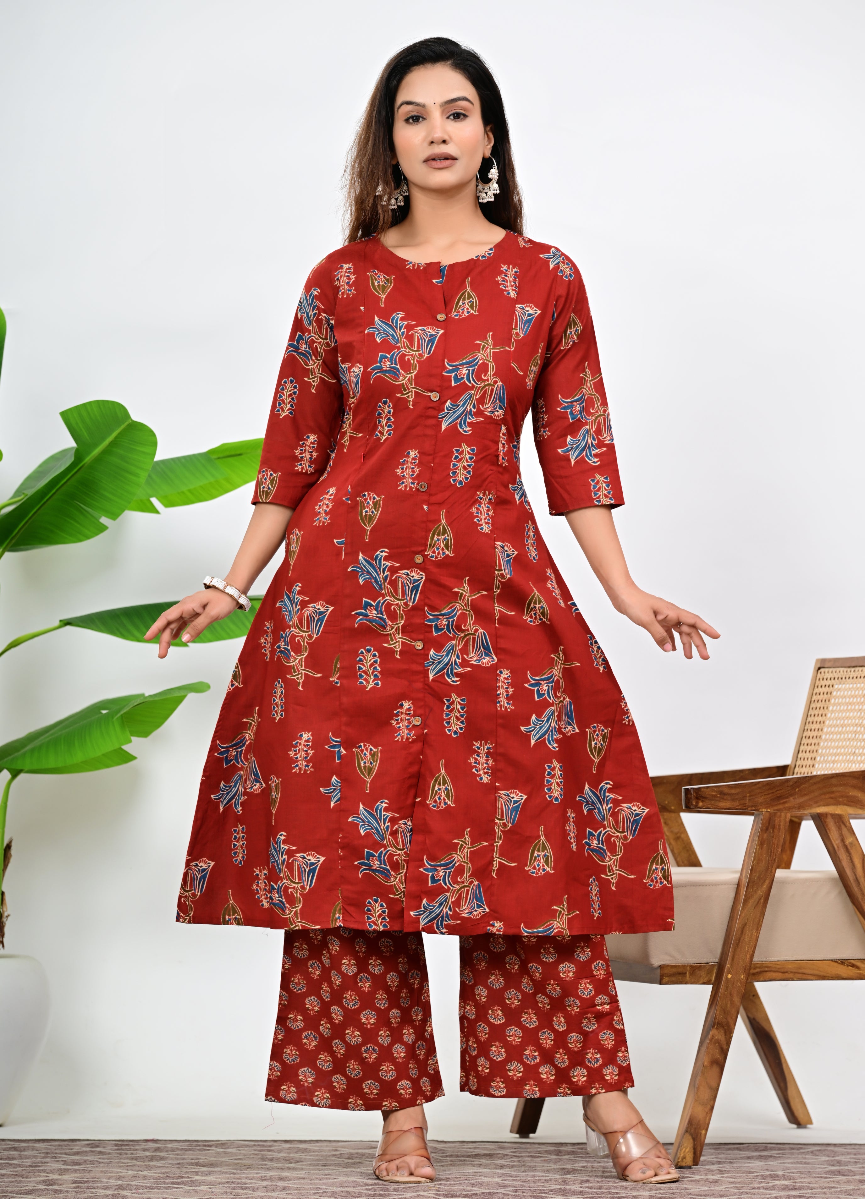 Mumzhug Maroon Colored Pure Cotton Jaipuri Multi Floral Print Feeding Kurta