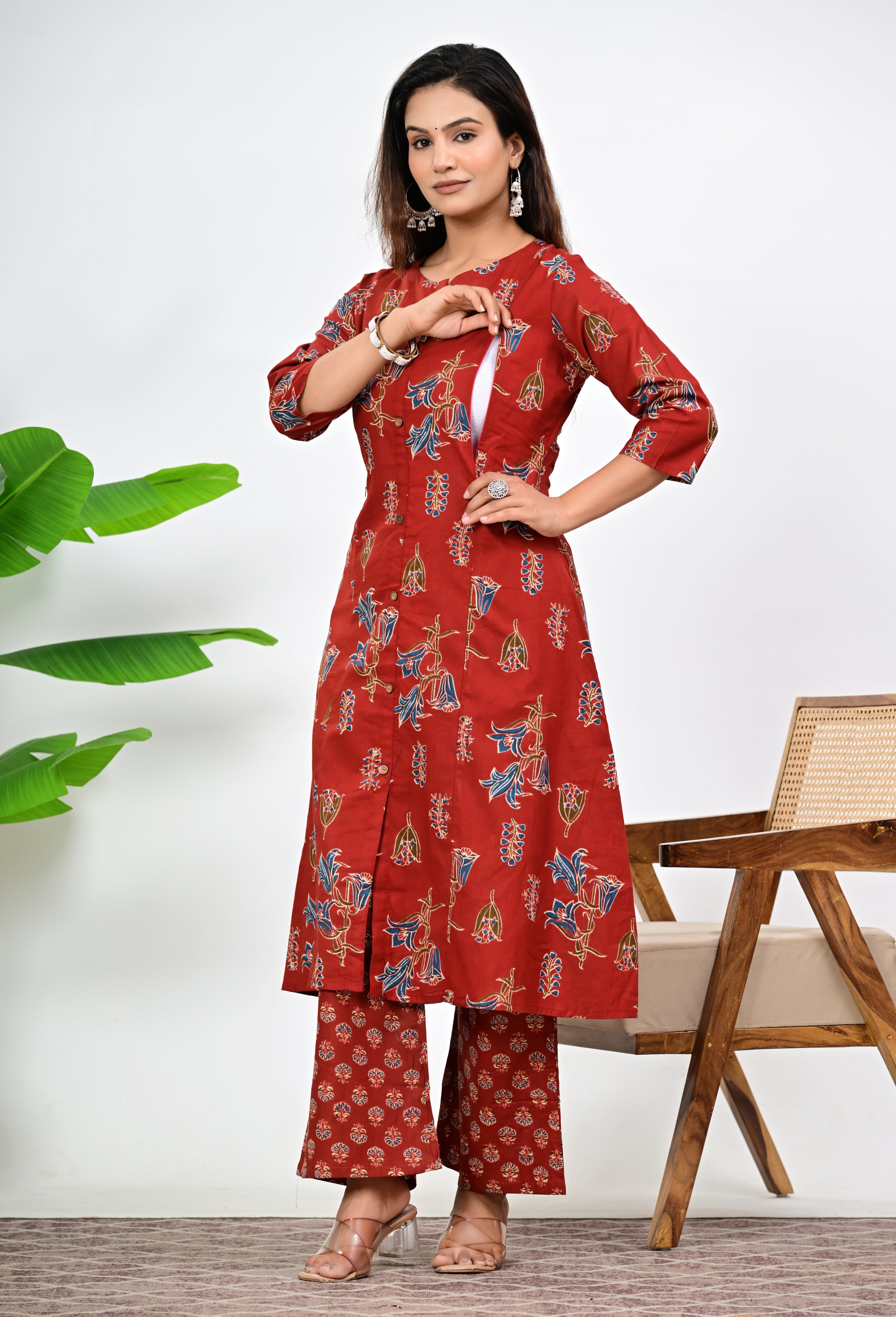 Mumzhug Maroon Colored Pure Cotton Jaipuri Multi Floral Print Feeding Kurta