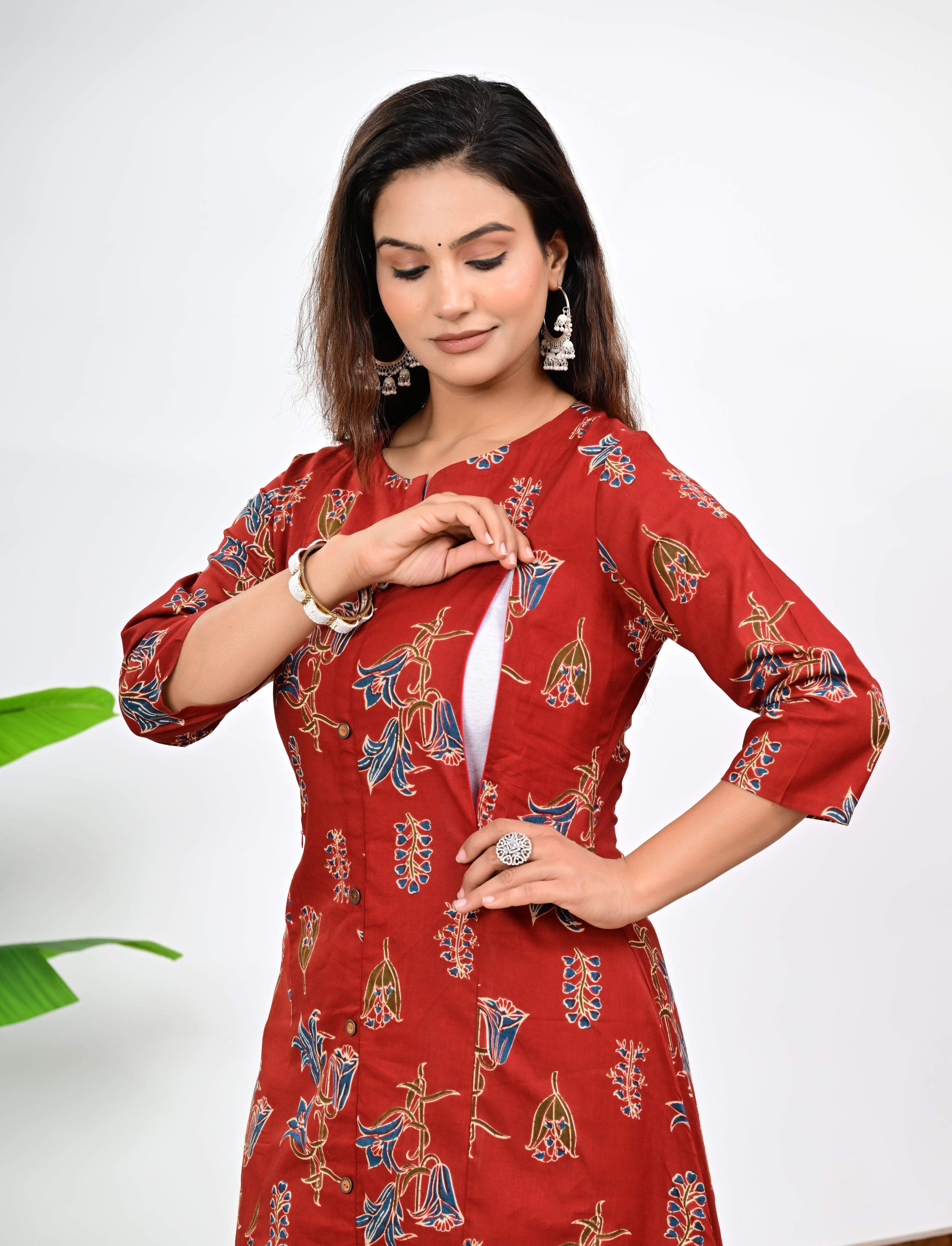 Mumzhug Maroon Colored Pure Cotton Jaipuri Multi Floral Print Feeding Kurta