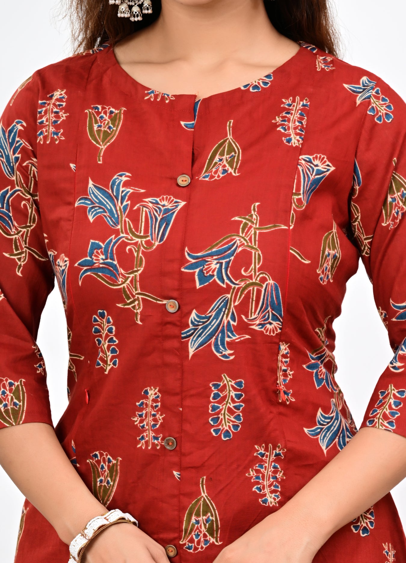 Mumzhug Maroon Colored Pure Cotton Jaipuri Multi Floral Print Feeding Kurta