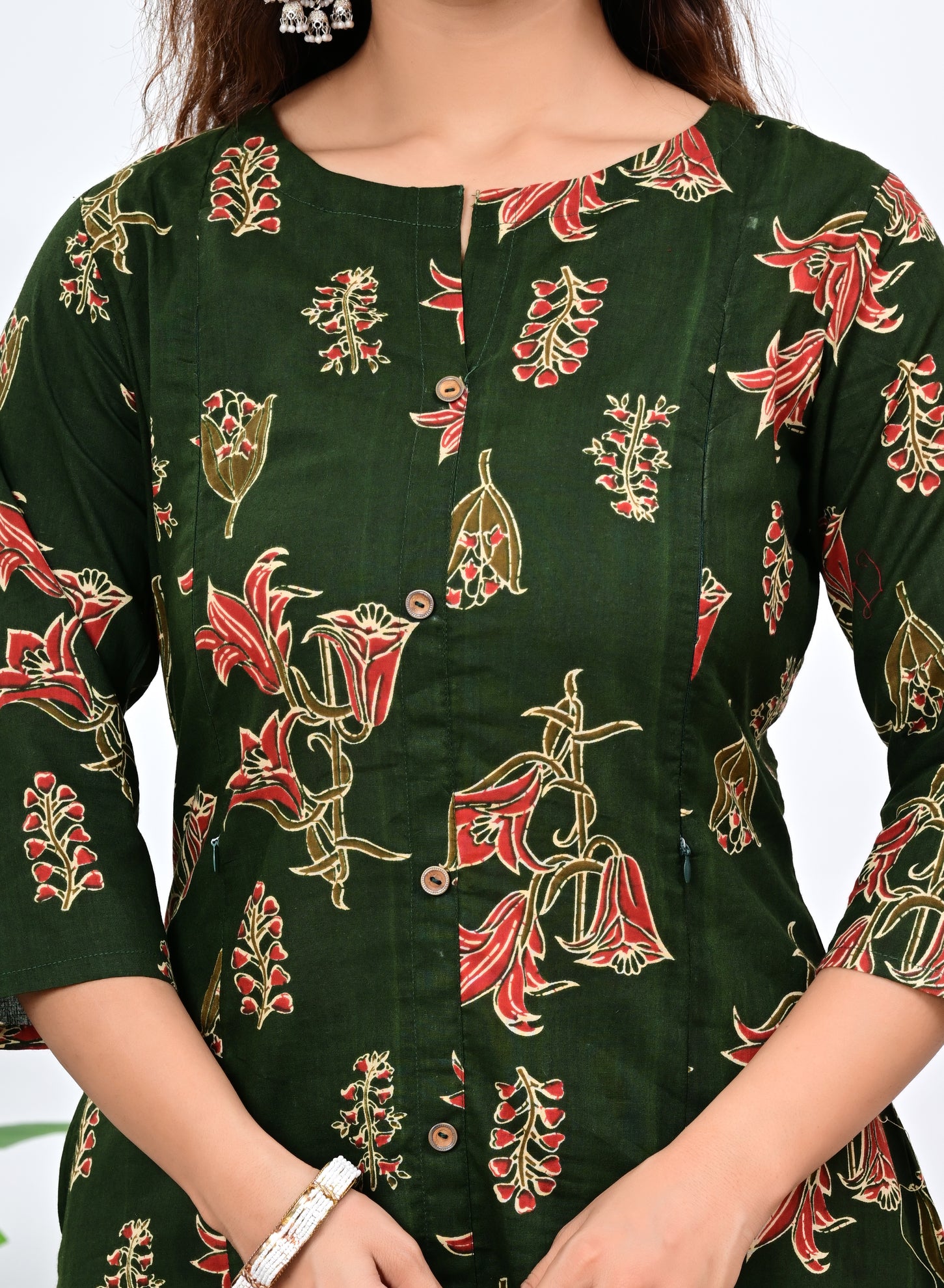 Mumzhug Olive Green Colored Pure Cotton Jaipuri Multi Floral Print Feeding Kurta