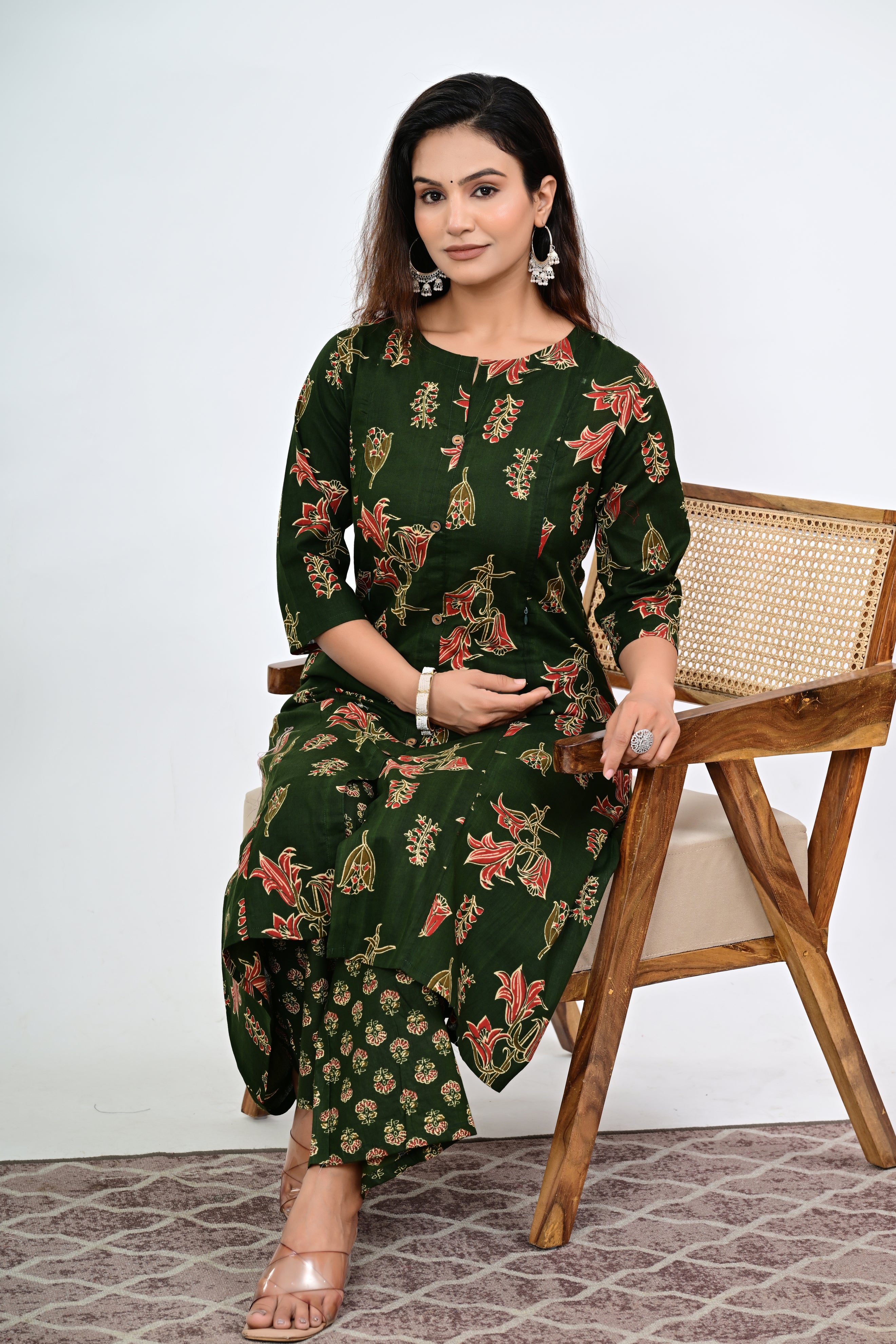 Mumzhug Olive Green Colored Pure Cotton Jaipuri Multi Floral Print Feeding Kurta