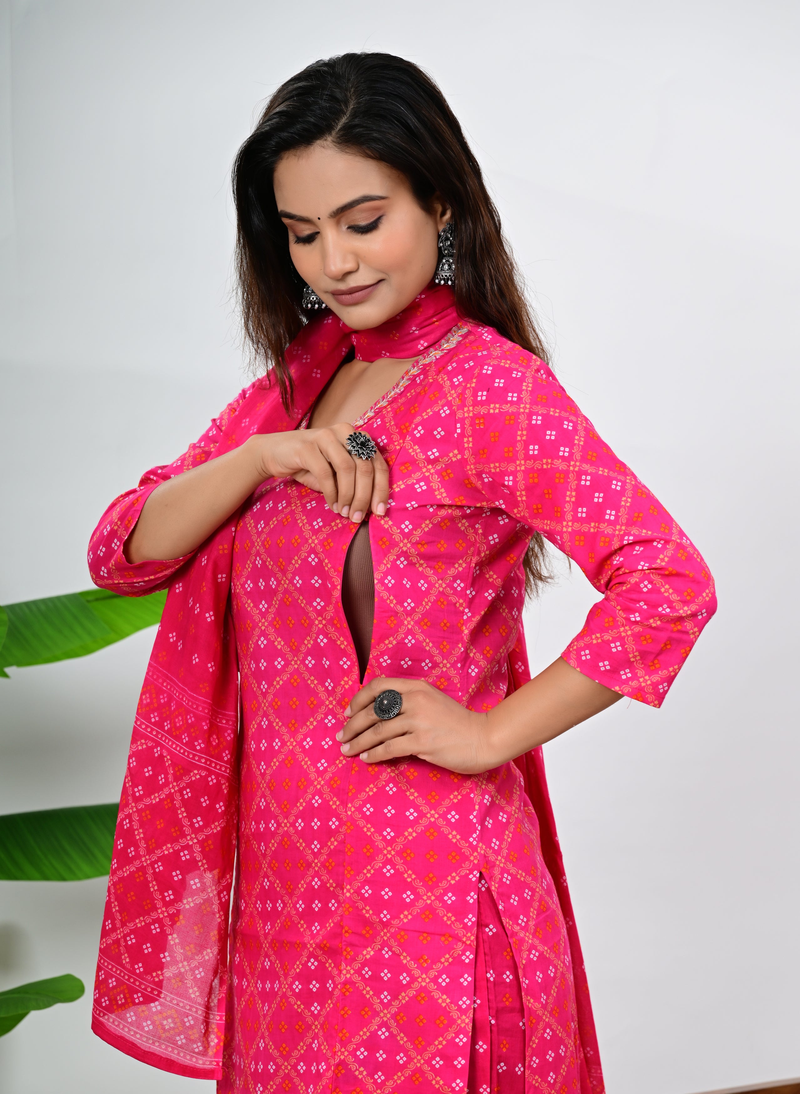 Pure Cotton Fuchsia Colored Feeding Kurta Pant and Dupatta Set