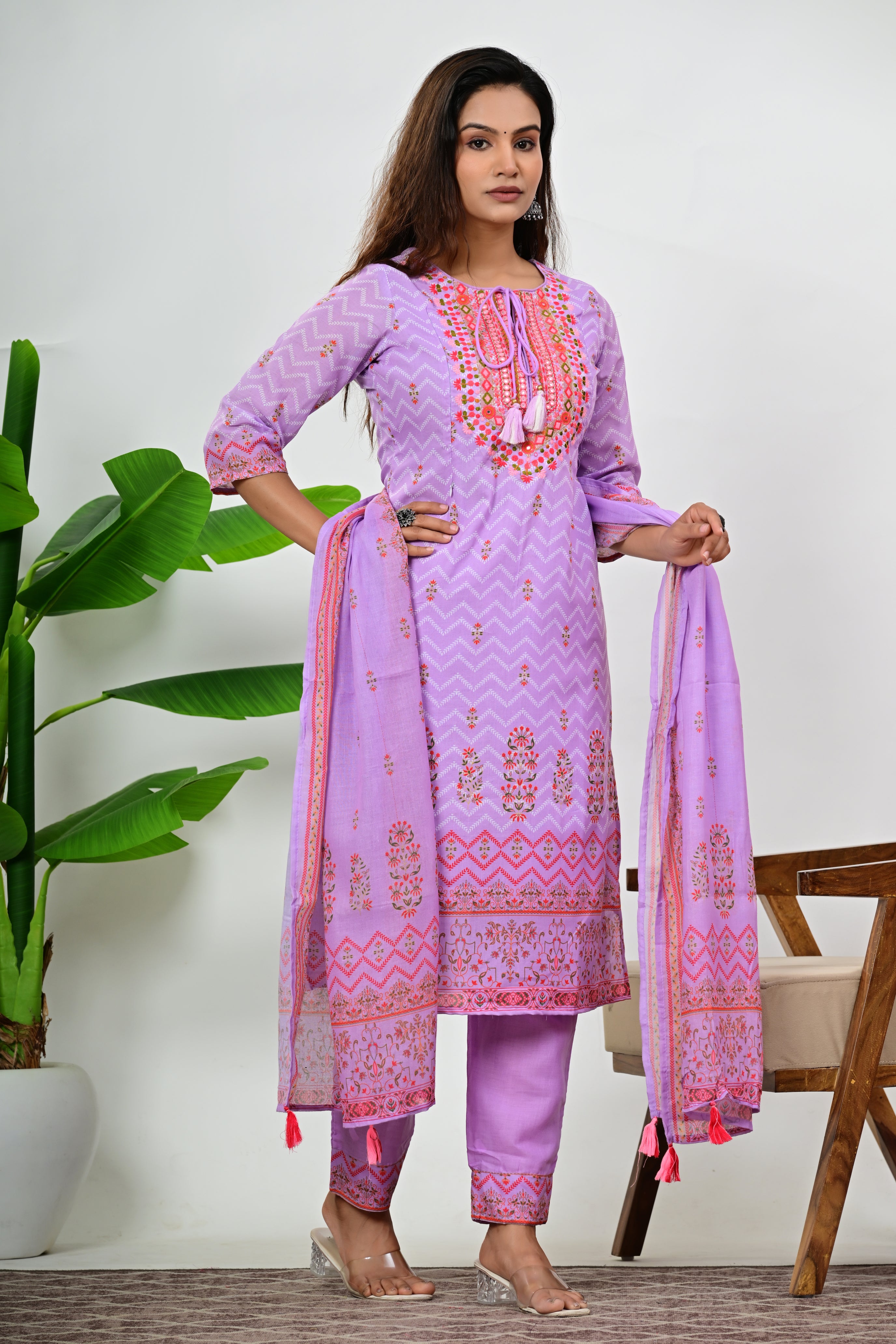 Mumzhug Blend Cotton Detailed Embroidered Kurta Pant and Dupatta Set with Attached Lining