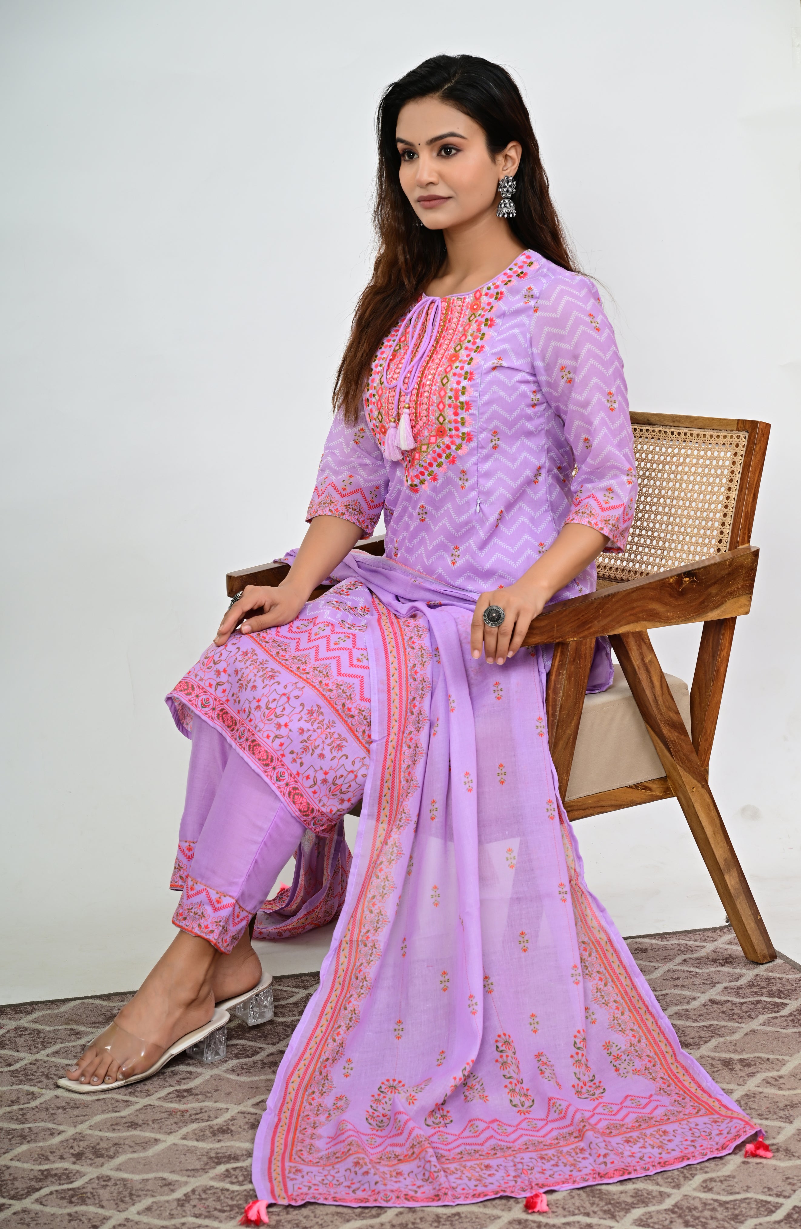 Mumzhug Blend Cotton Detailed Embroidered Kurta Pant and Dupatta Set with Attached Lining