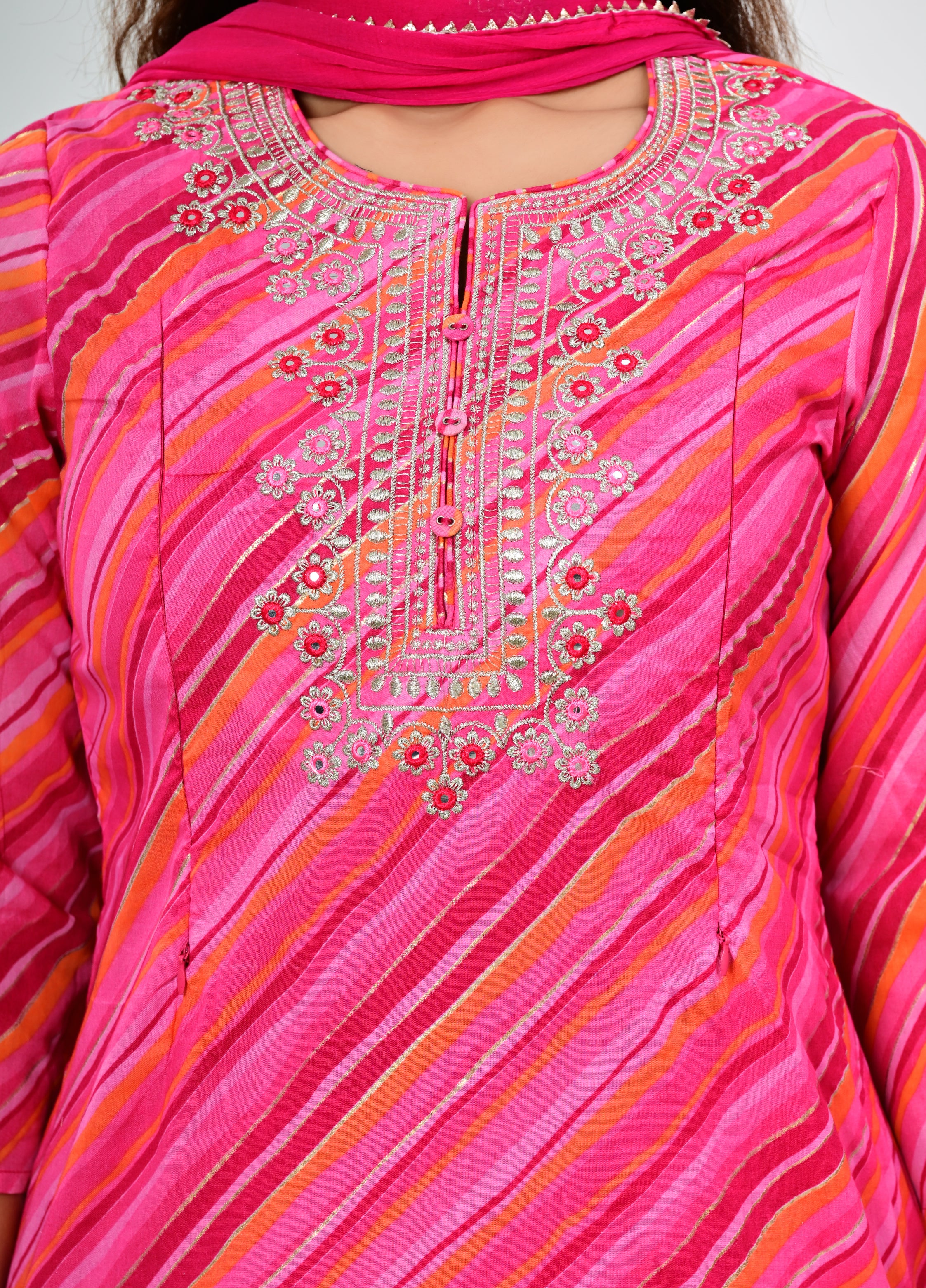Fuchsia Cotton Embroidered Feeding Kurta Pant and Chiffon Dupatta with Attached Lining