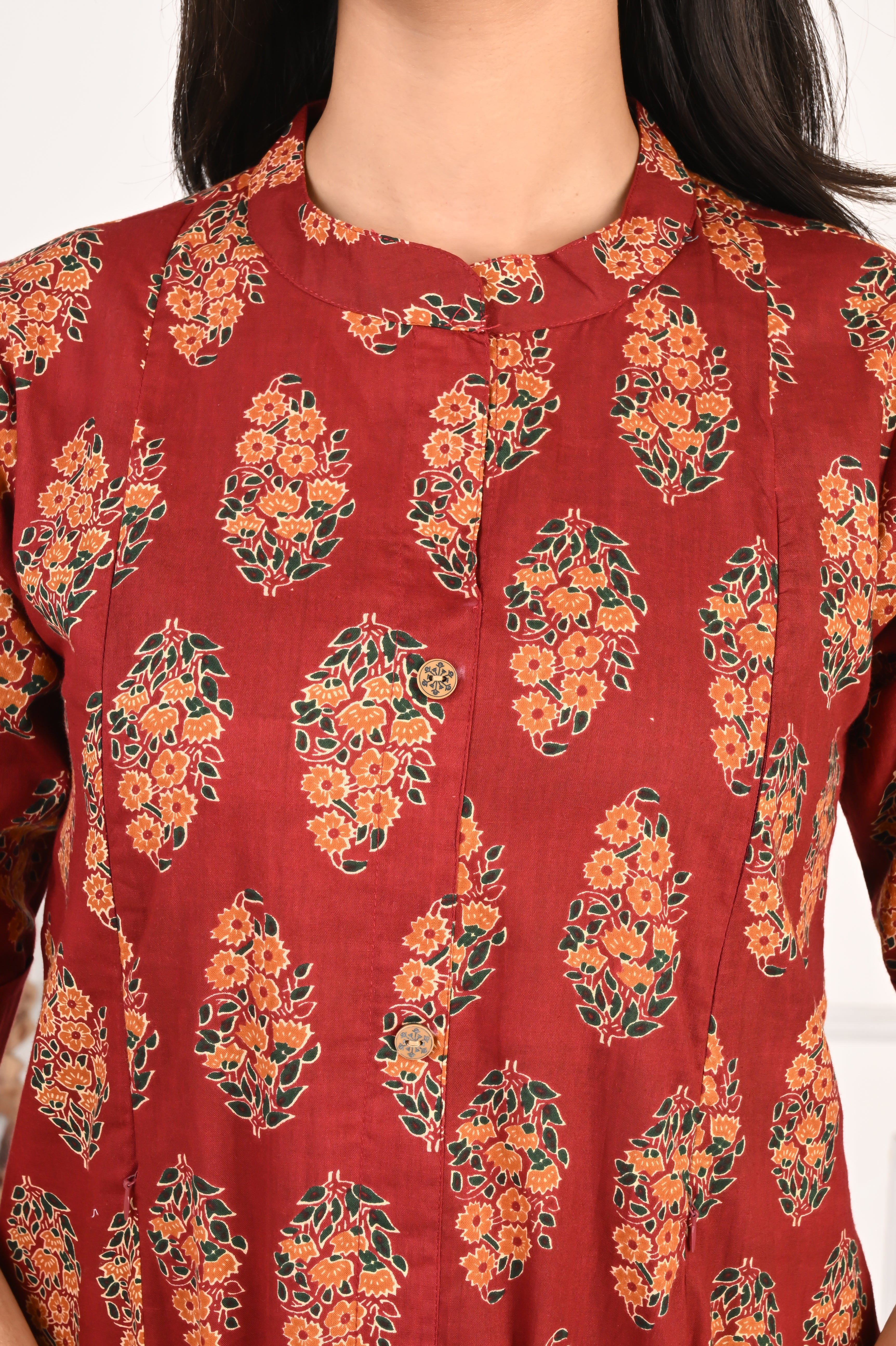 Mumzhug Pure Cotton Maroon Jaipuri Print Feeding Cord Set with Side Pocket