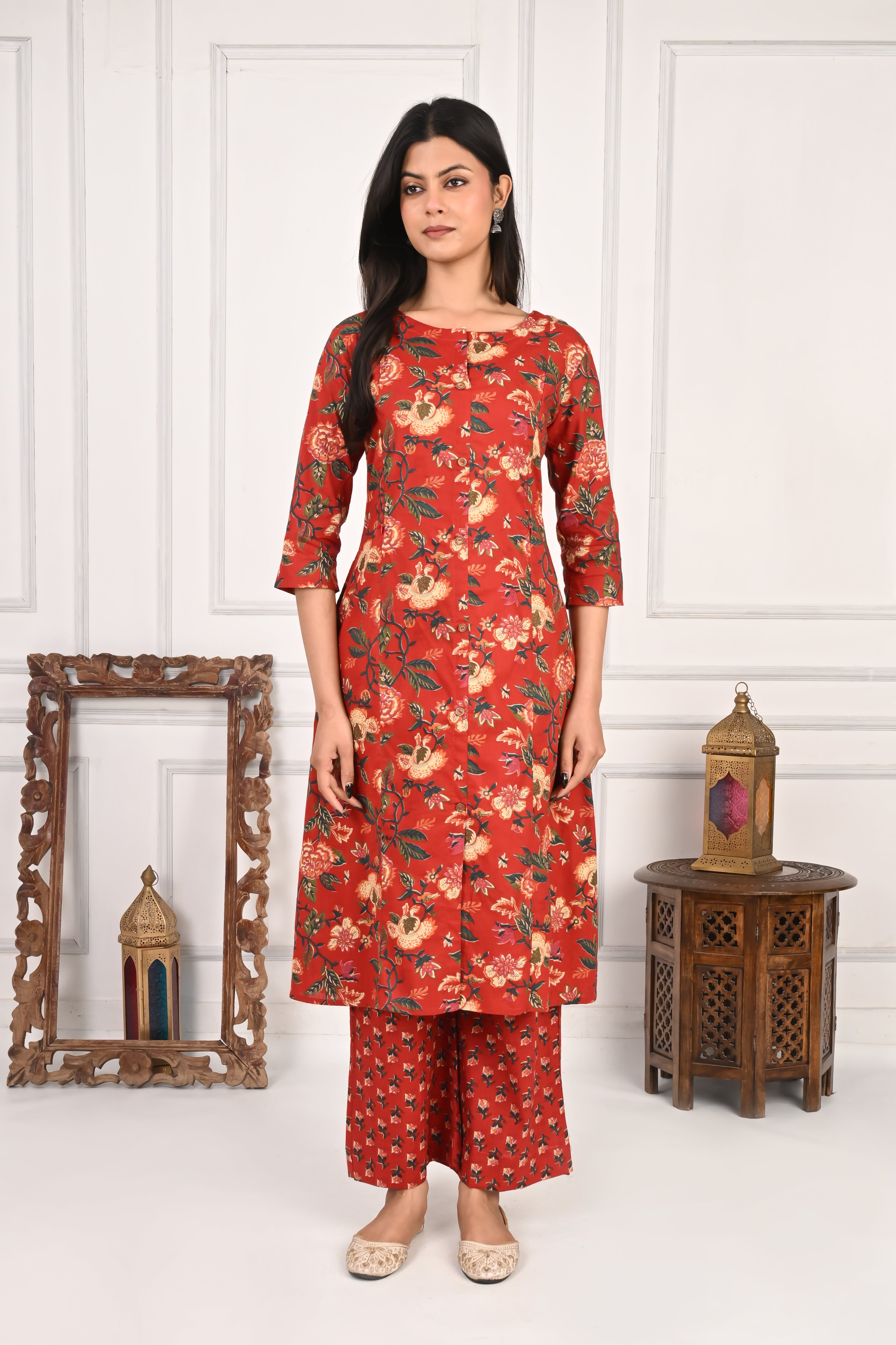 Mumzhug Pure Cotton Maroon Floral Print Feeding Cord Set with Both Side Feeding Zipper