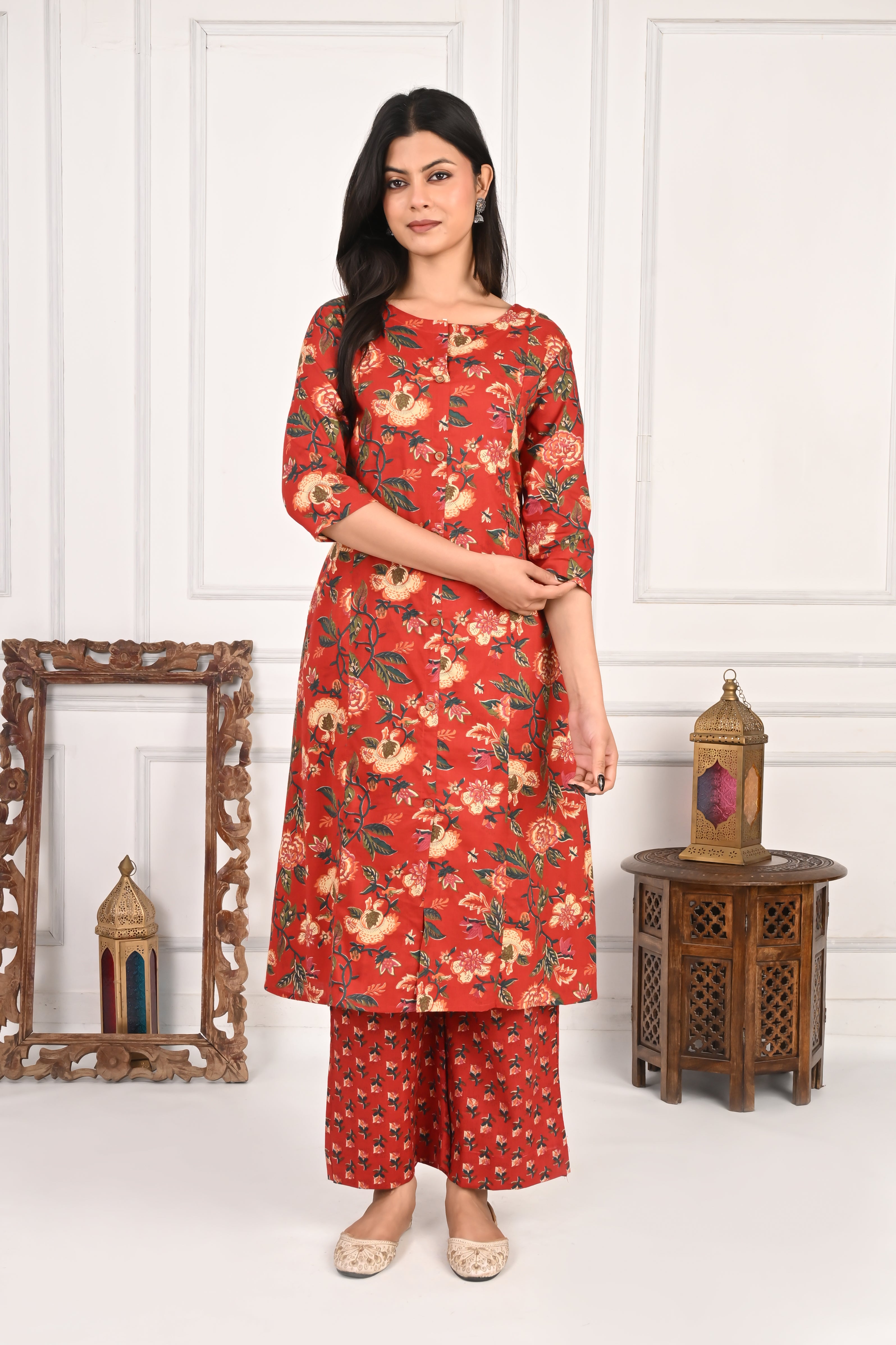 Mumzhug Pure Cotton Maroon Floral Print Feeding Cord Set with Both Side Feeding Zipper