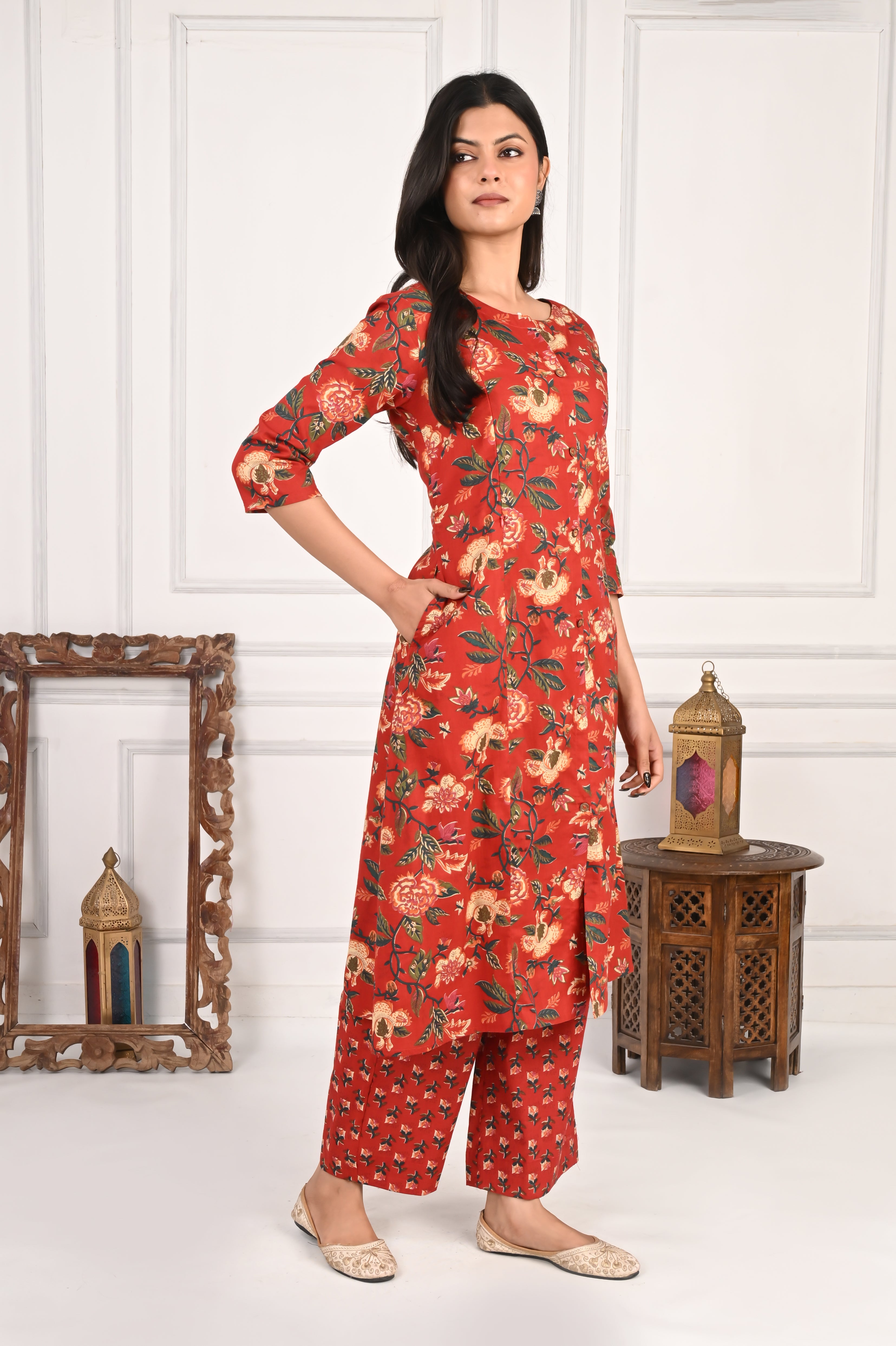 Mumzhug Pure Cotton Maroon Floral Print Feeding Cord Set with Both Side Feeding Zipper