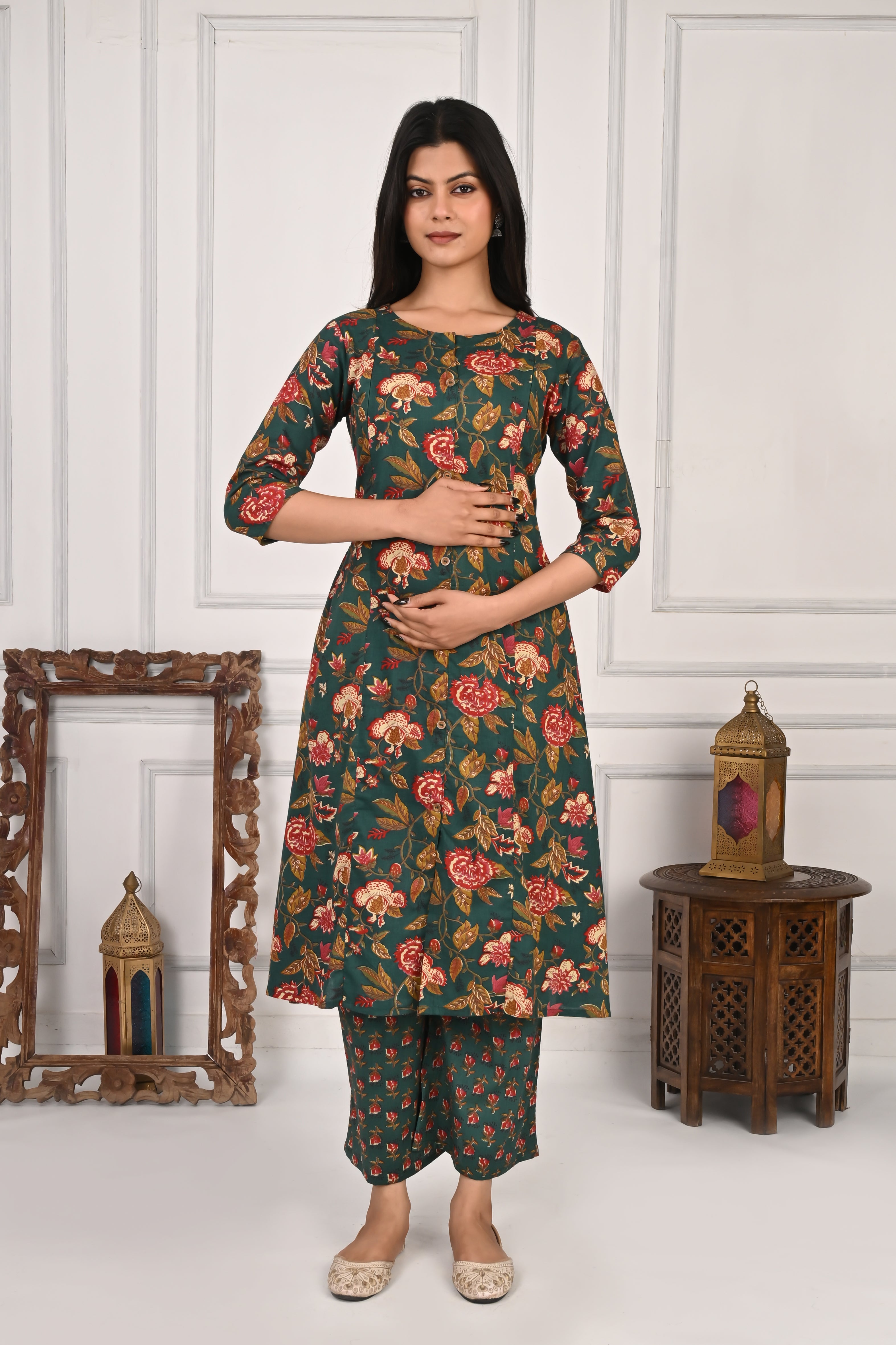 Mumzhug Pure Cotton Green Floral Print Feeding Cord Set with Both Side Feeding Zipper