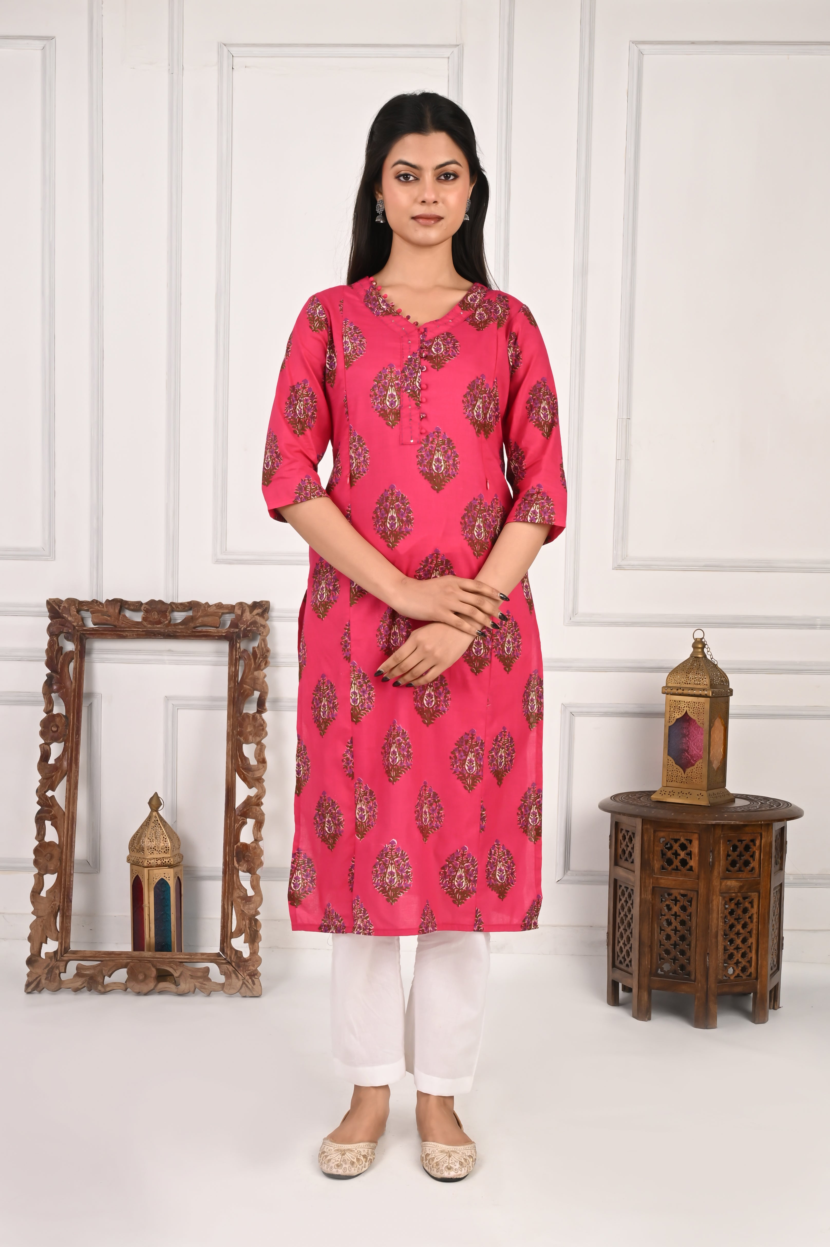 Mumzhug Fuchsia Pure Cotton Jaipuri Print Feeding Kurta