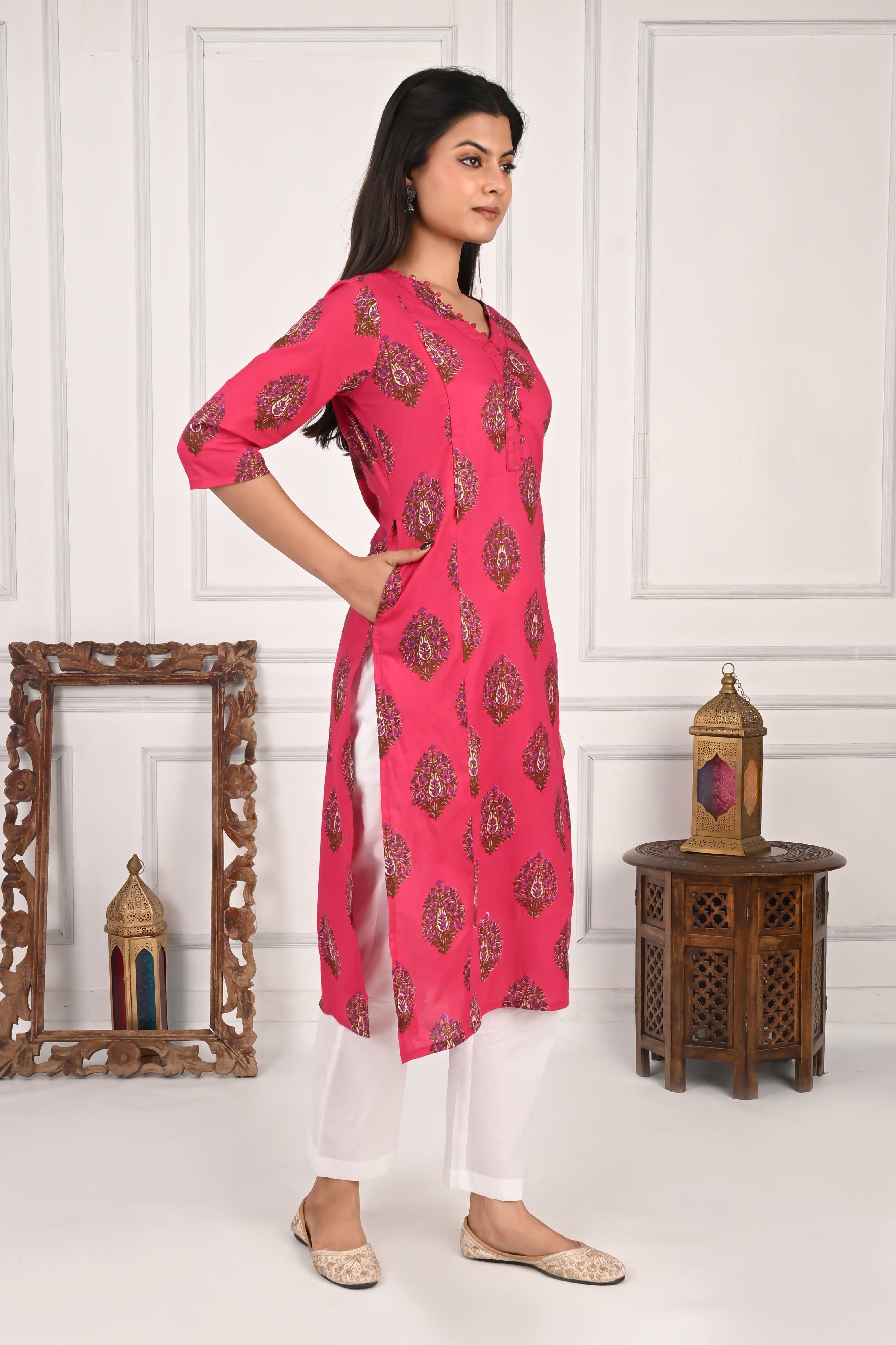 Mumzhug Fuchsia Pure Cotton Jaipuri Print Feeding Kurta