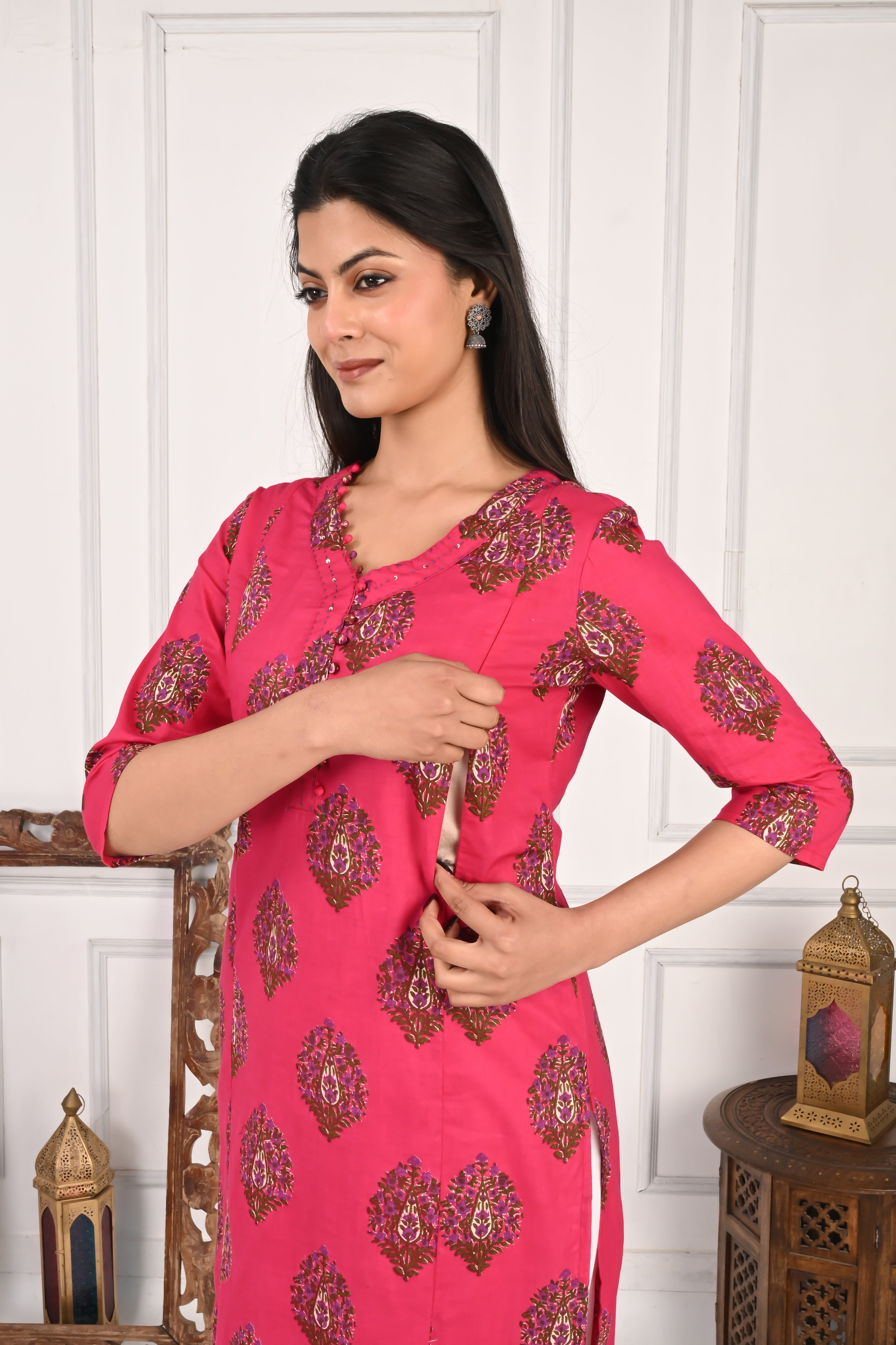 Mumzhug Fuchsia Pure Cotton Jaipuri Print Feeding Kurta