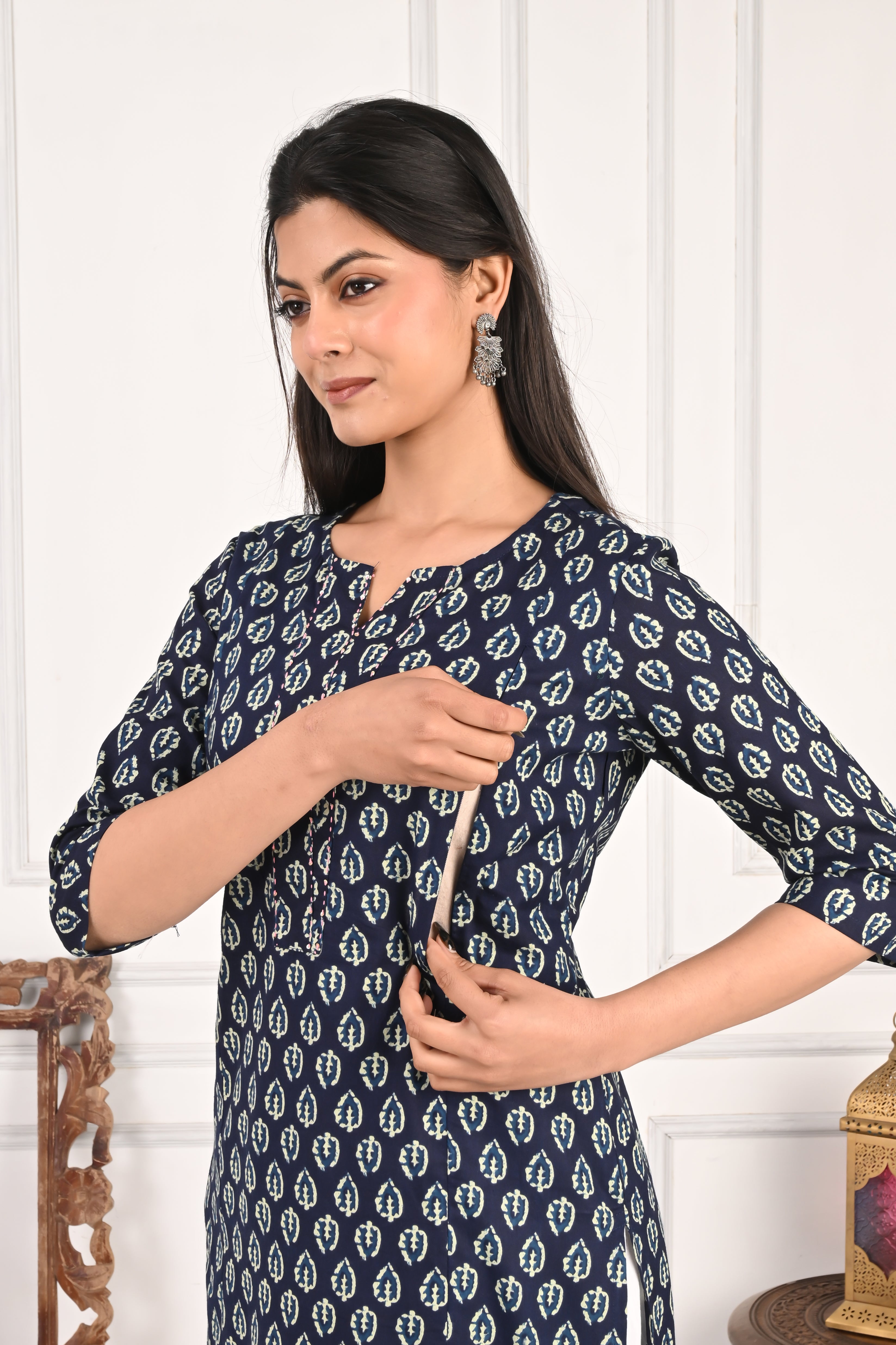 Mumzhug Blue Booti Pure Cotton Jaipuri Print Feeding Kurta