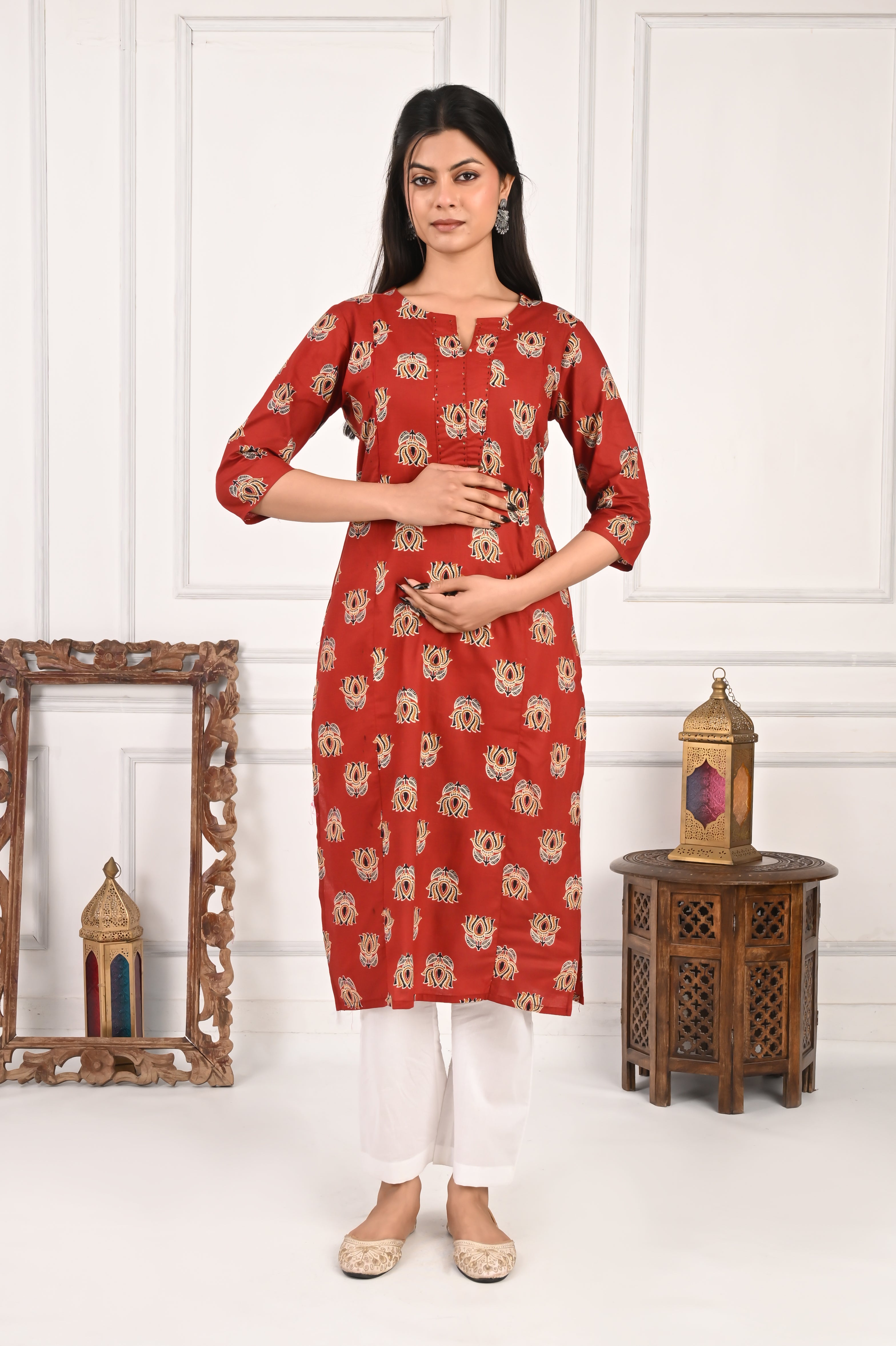 Mumzhug Maroon Colored Jaipuri Print Pure Cotton Feeding Kurta