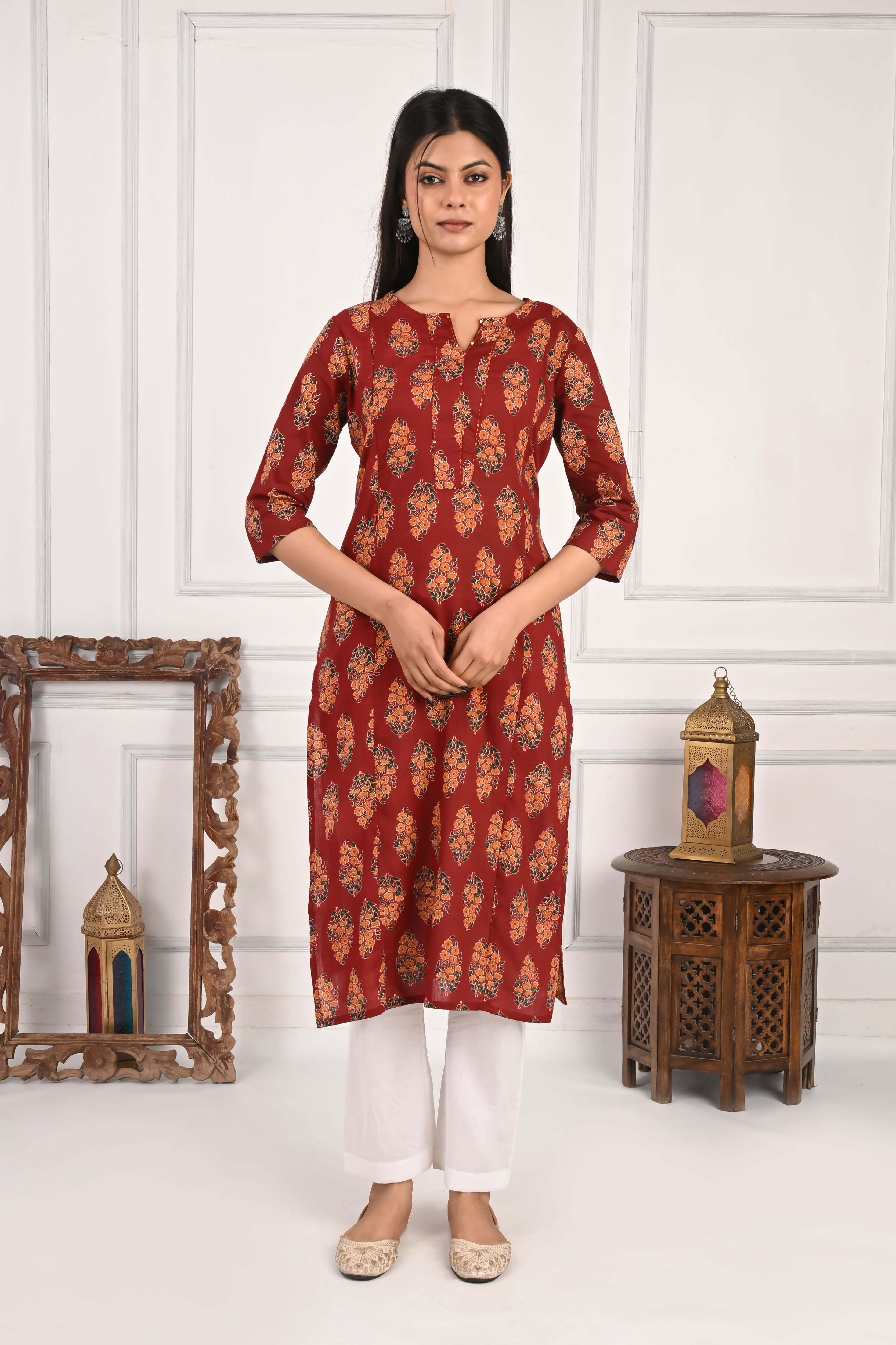 Mumzhug Maroon Color Jaipuri Print Pure Cotton Feeding Kurta