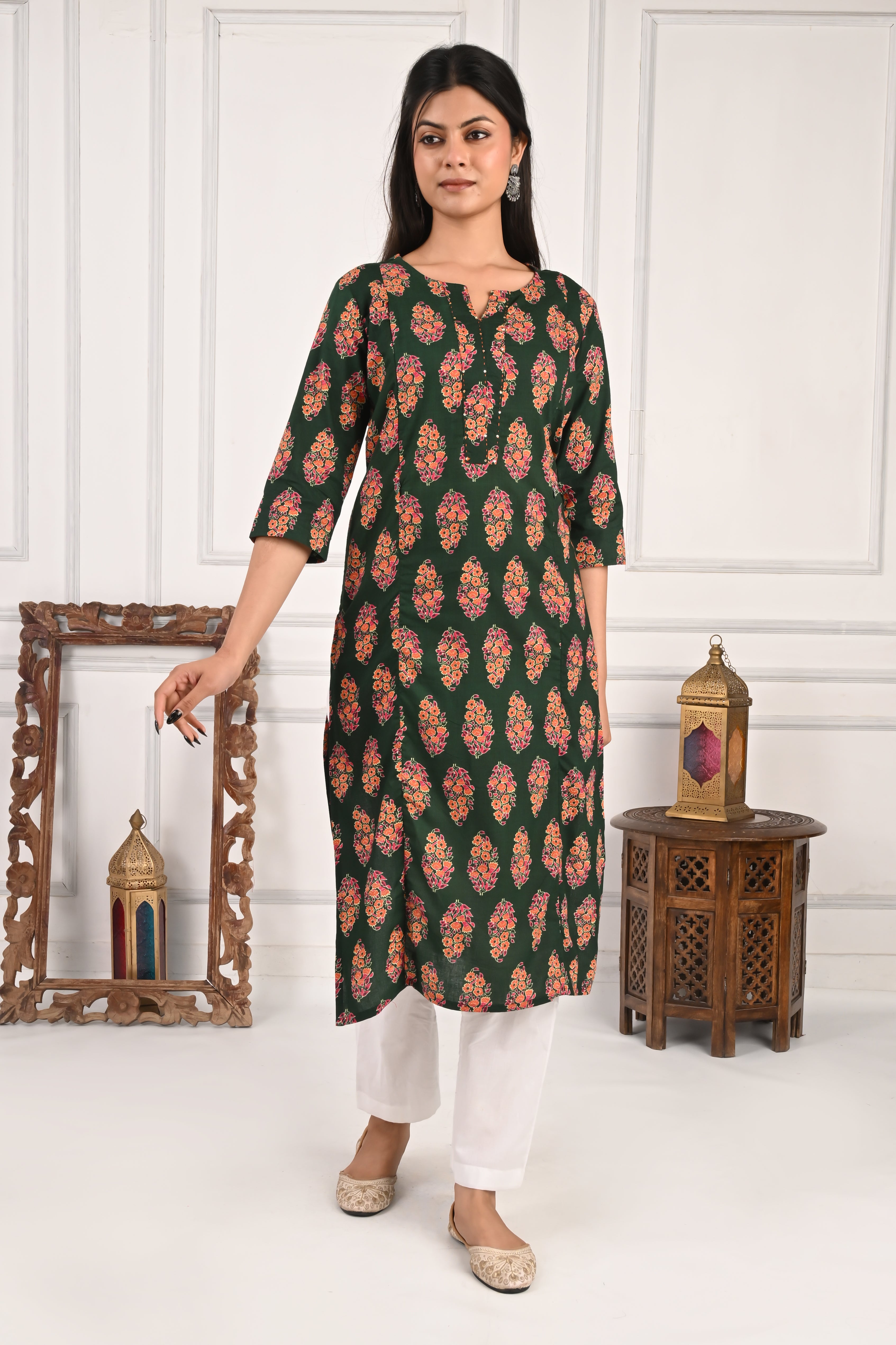 Mumzhug Bottle Green Color Jaipuri Print Pure Cotton Feeding Kurta