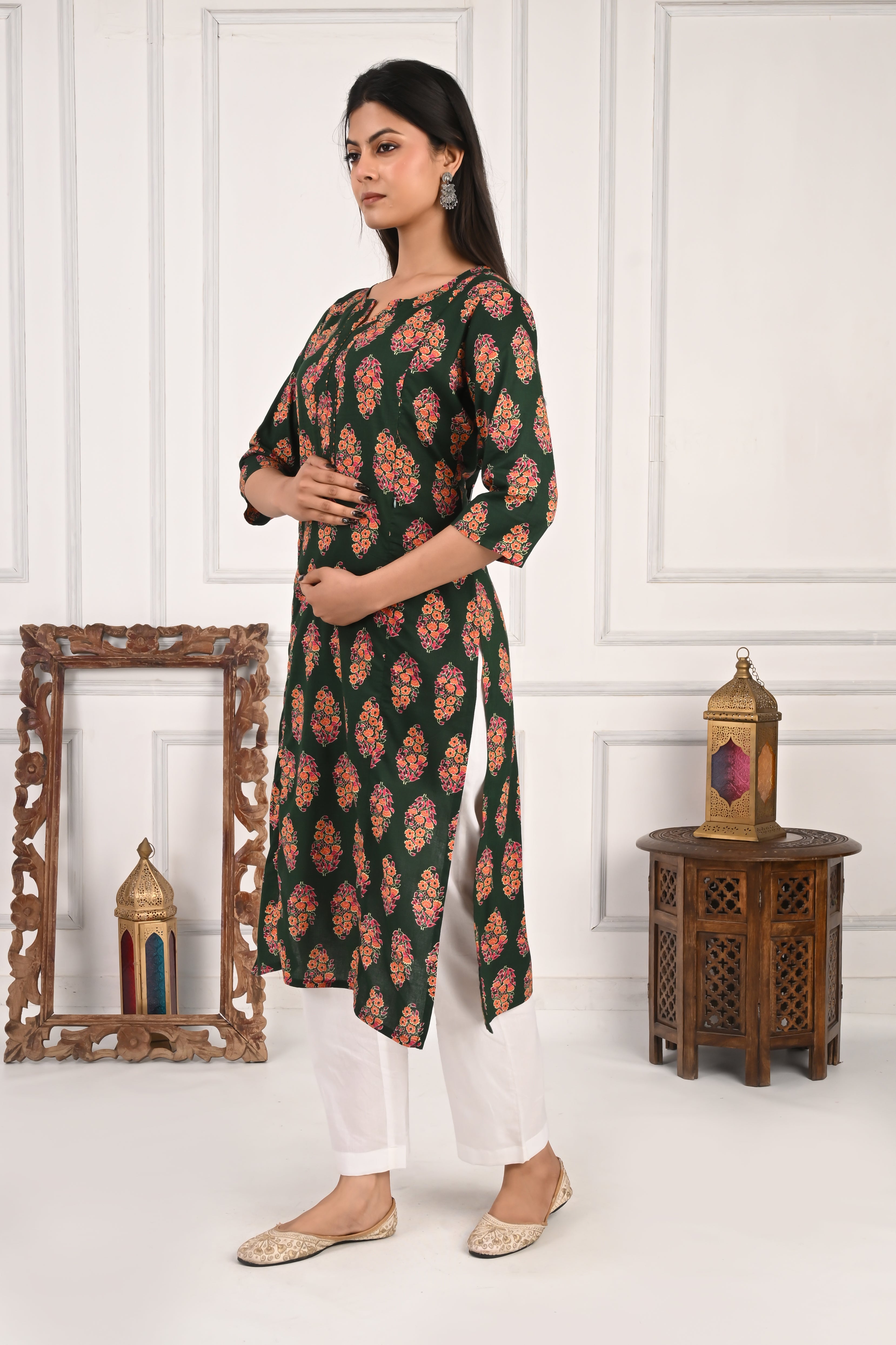 Mumzhug Bottle Green Color Jaipuri Print Pure Cotton Feeding Kurta