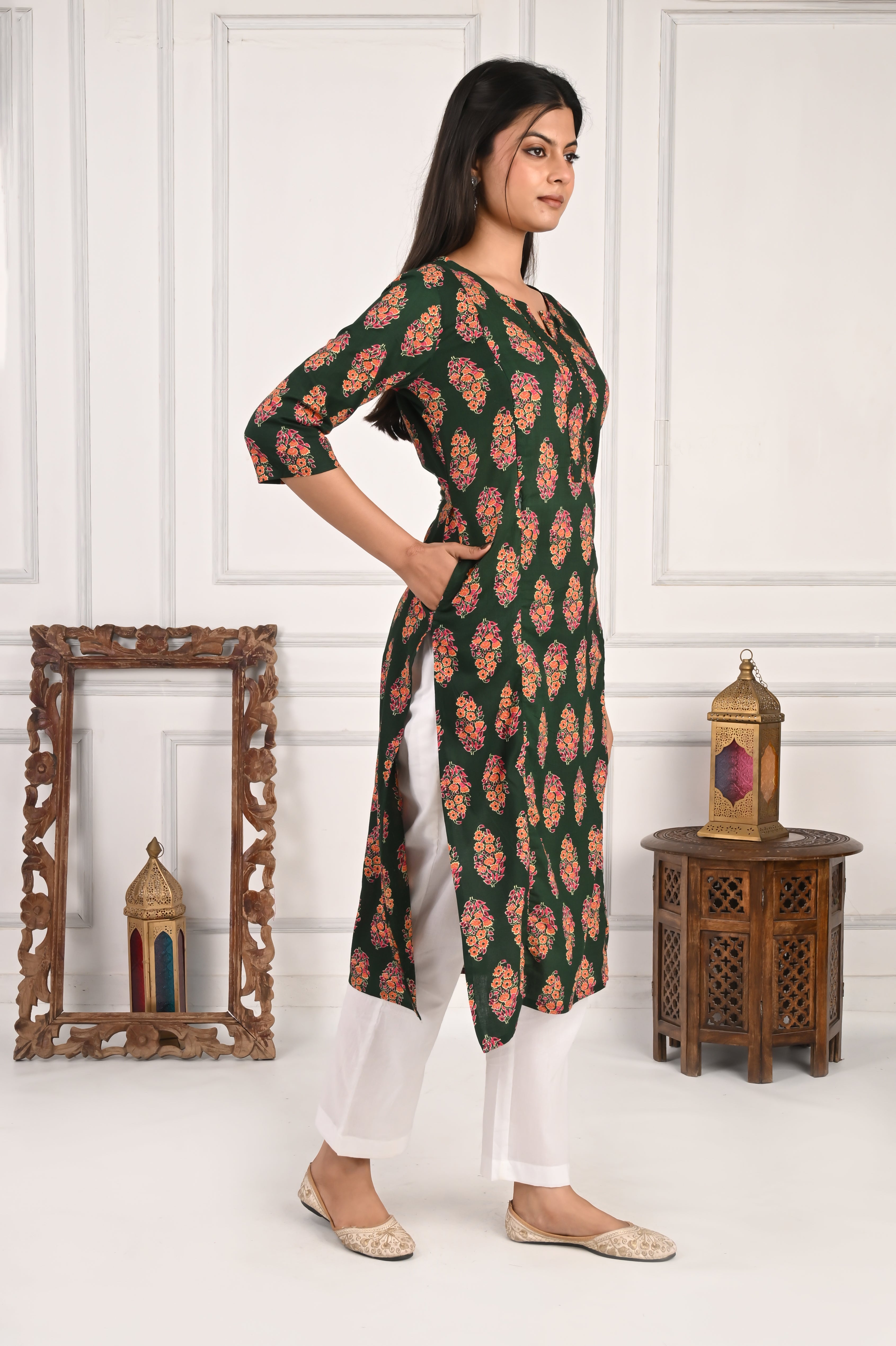Mumzhug Bottle Green Color Jaipuri Print Pure Cotton Feeding Kurta
