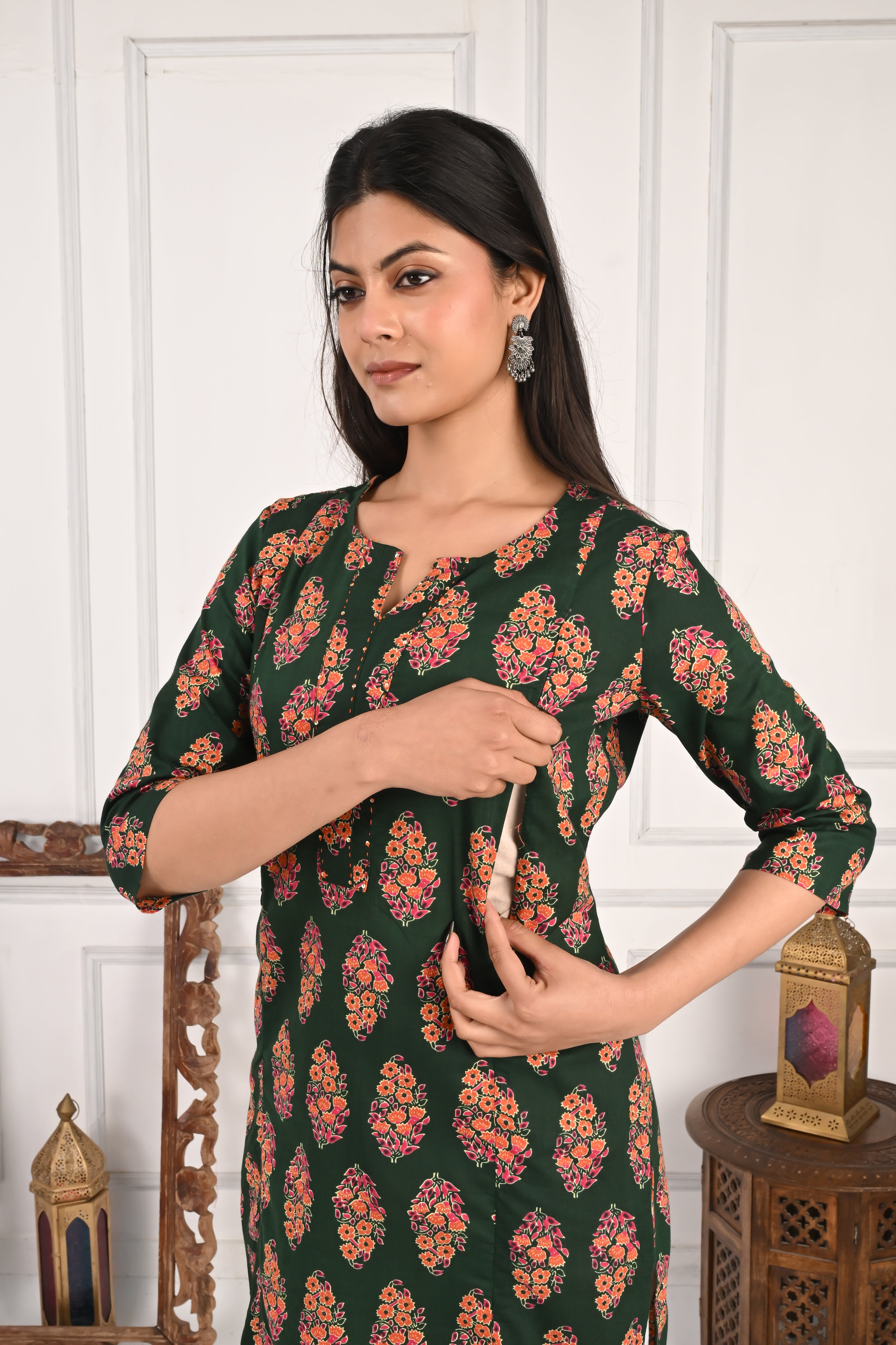 Mumzhug Bottle Green Color Jaipuri Print Pure Cotton Feeding Kurta