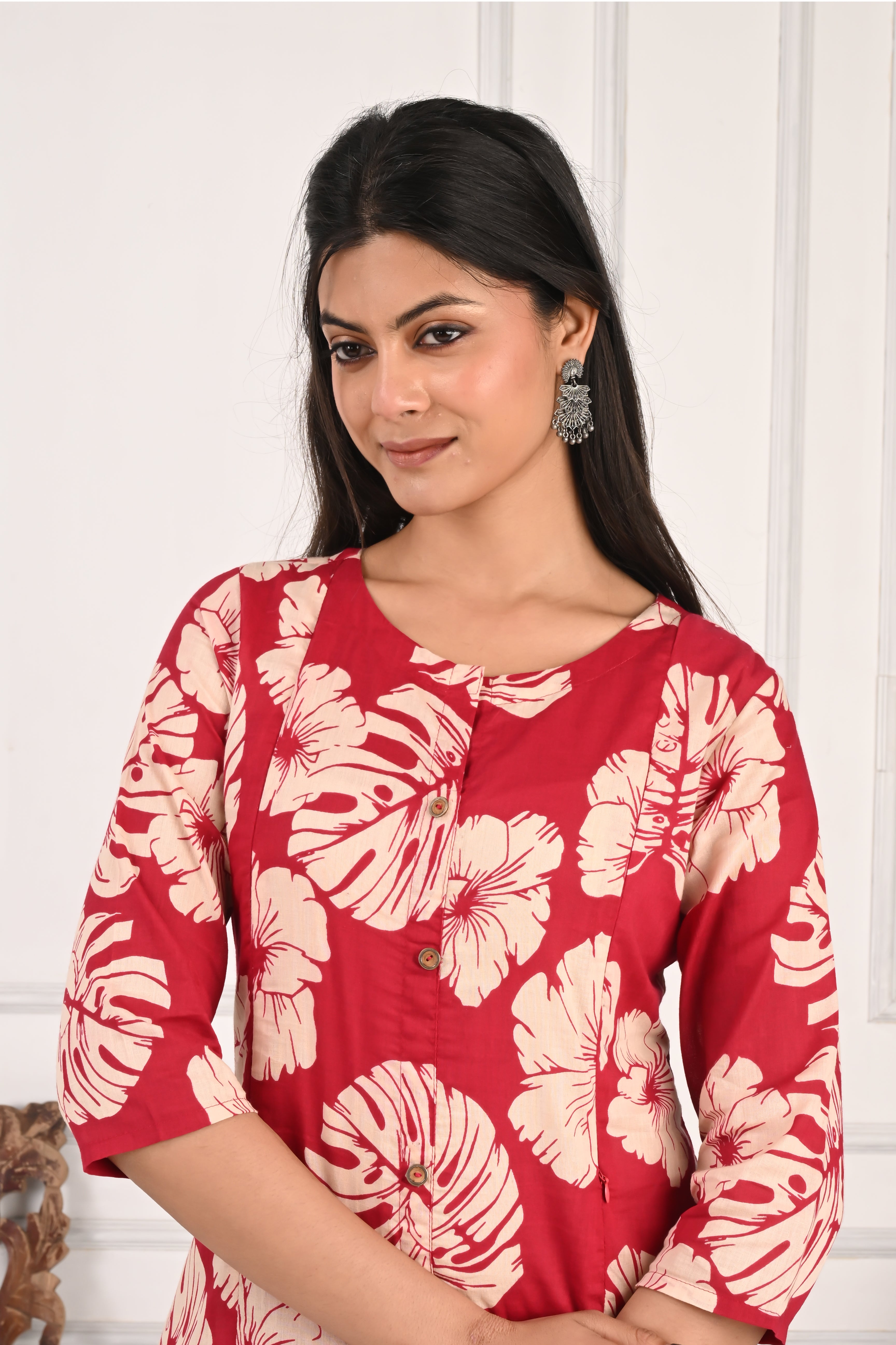 Mumzhug Pure Cotton Fuchsia Floral Print Feeding Cord Set with Both Side Feeding Zipper