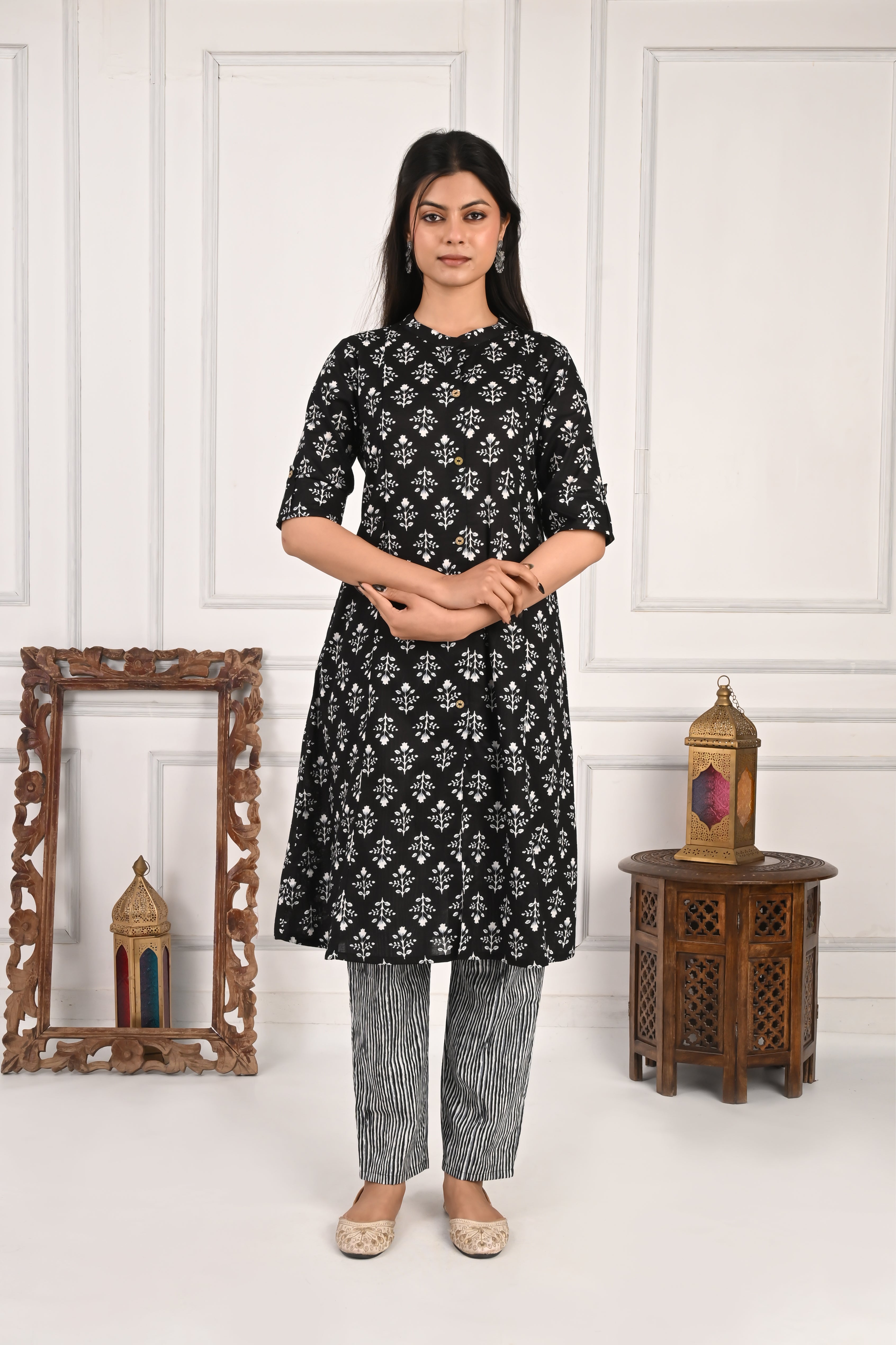 Black Pure Cotton Printed Feeding Kurta and Pant Set