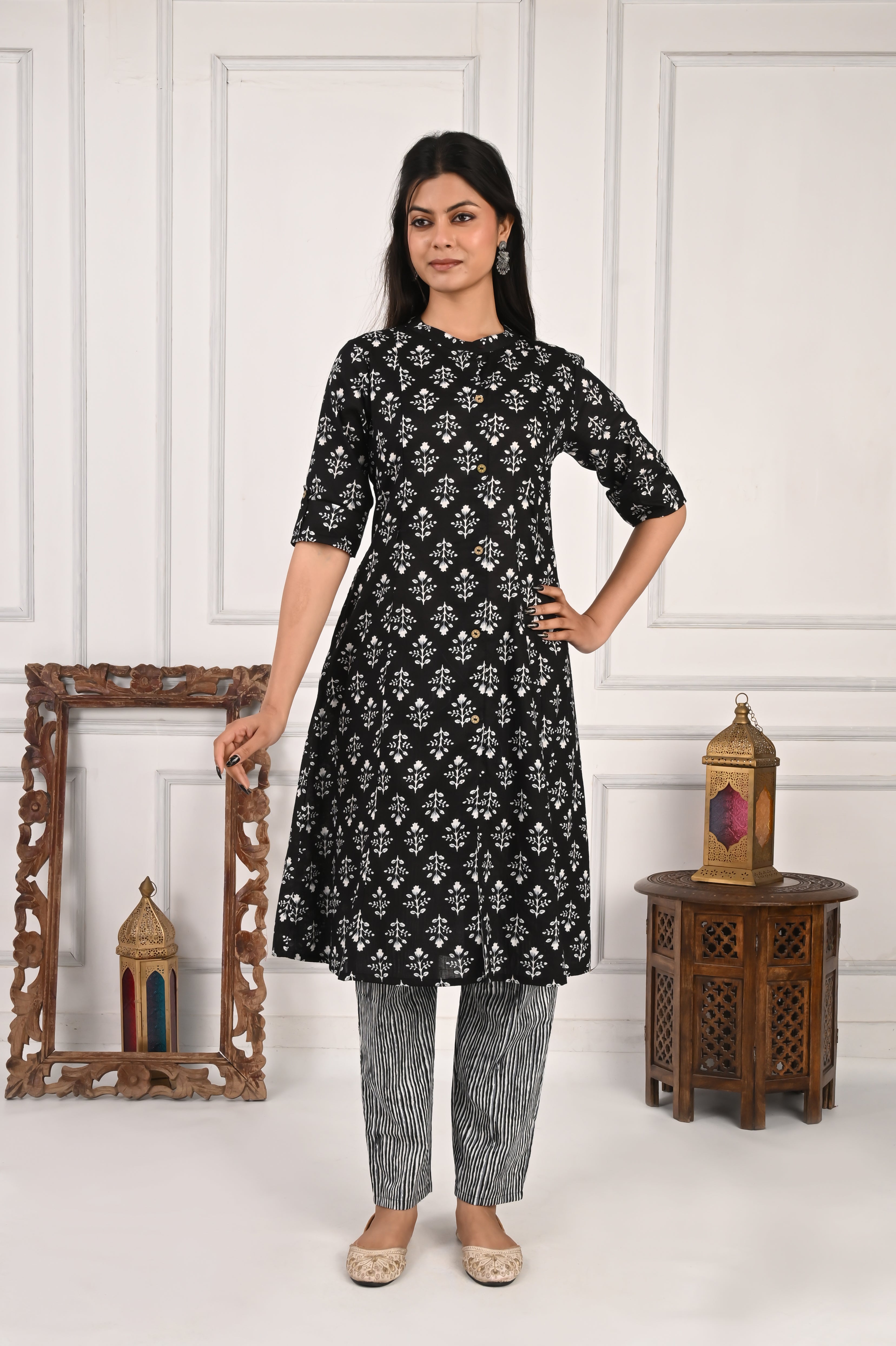Black Pure Cotton Printed Feeding Kurta and Pant Set