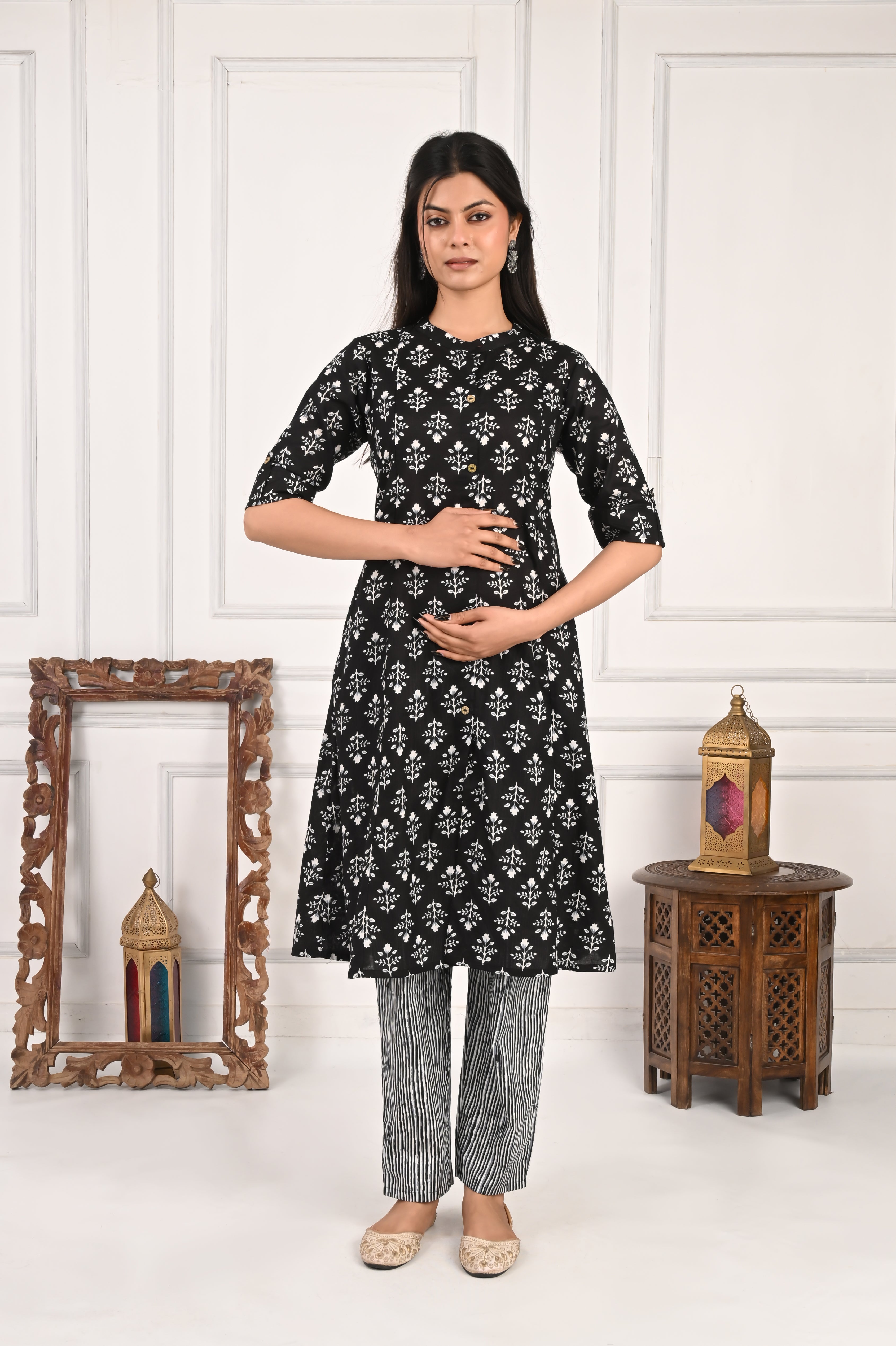 Black Pure Cotton Printed Feeding Kurta and Pant Set
