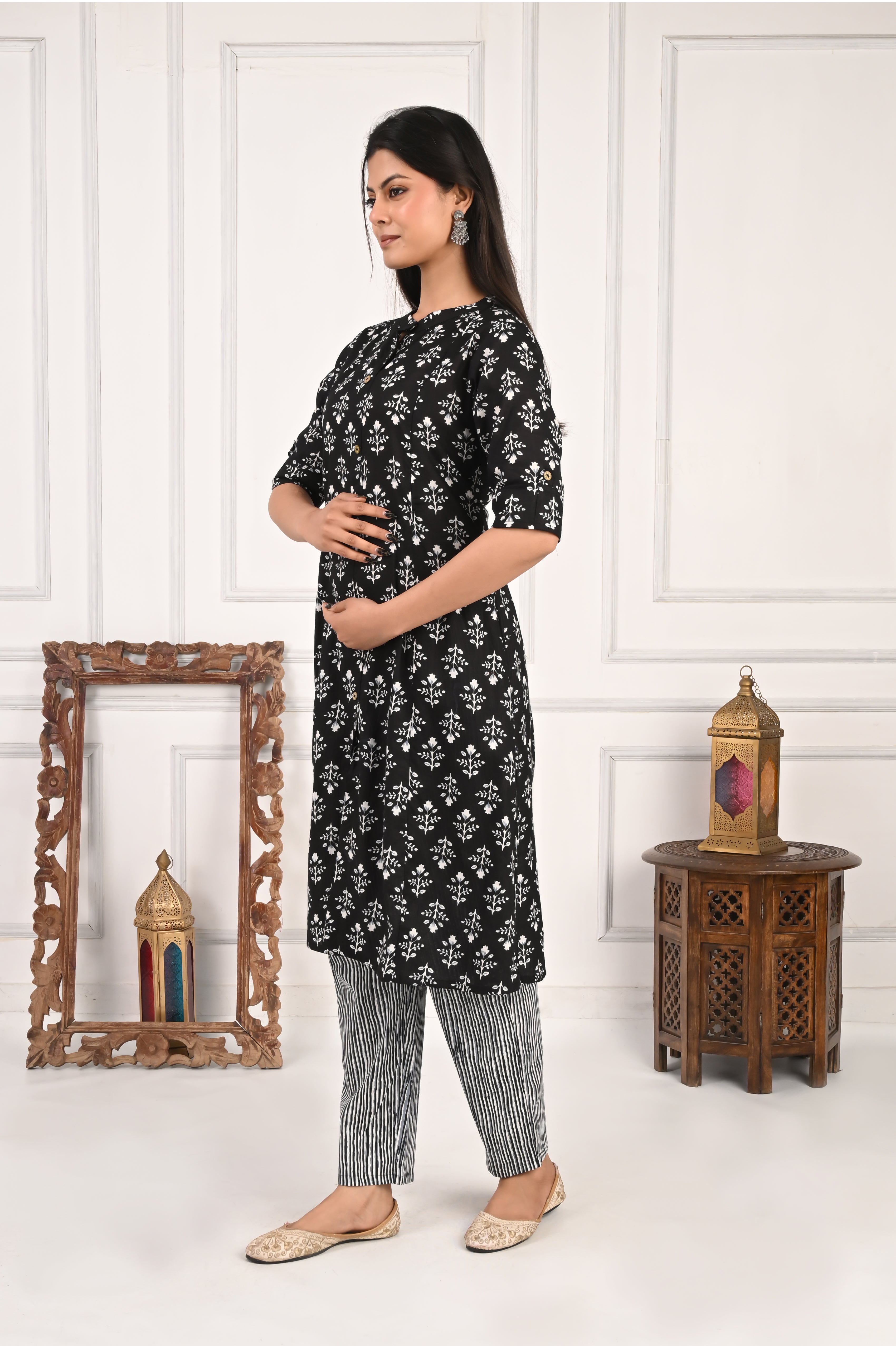 Black Pure Cotton Printed Feeding Kurta and Pant Set