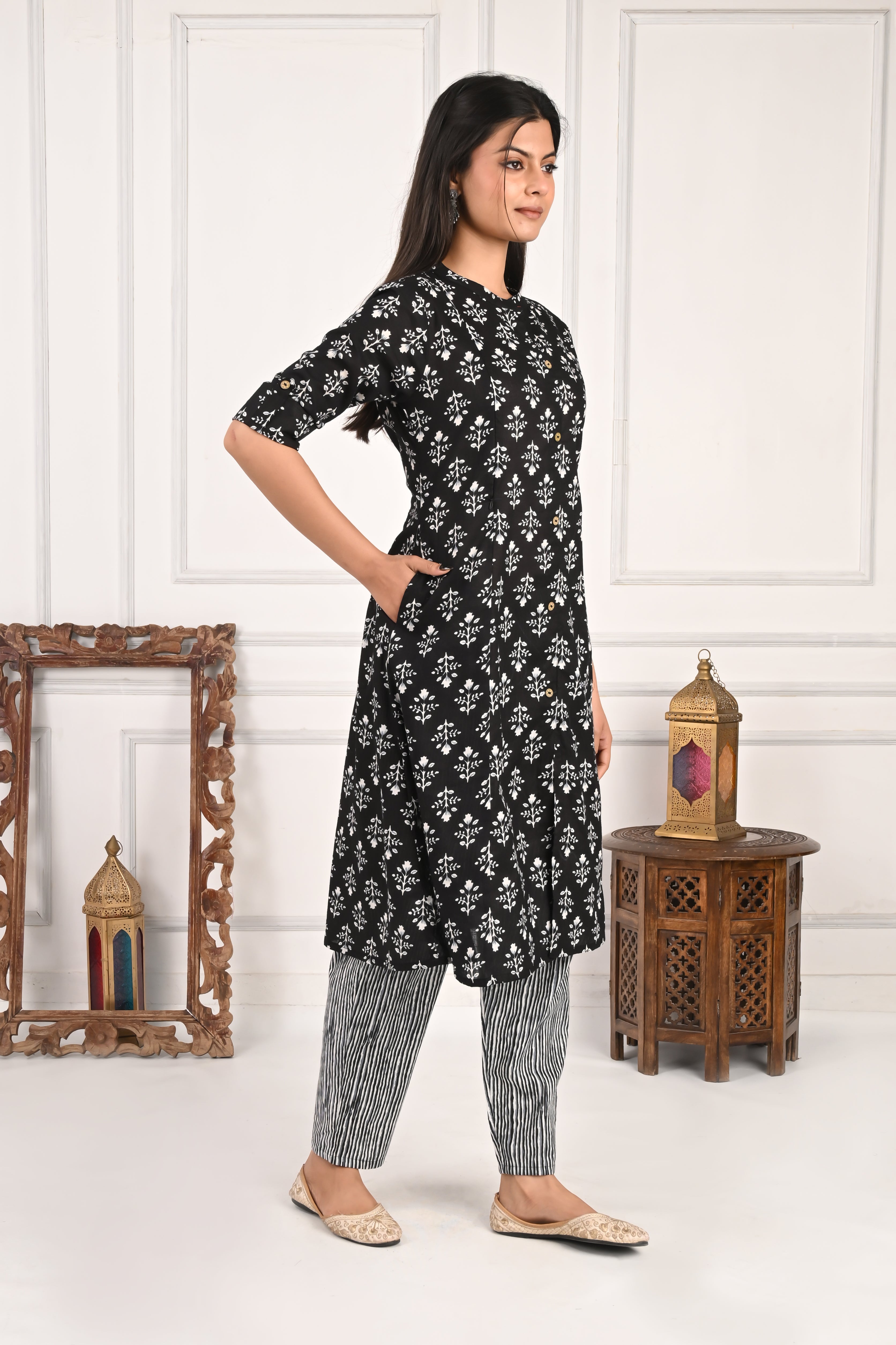 Black Pure Cotton Printed Feeding Kurta and Pant Set