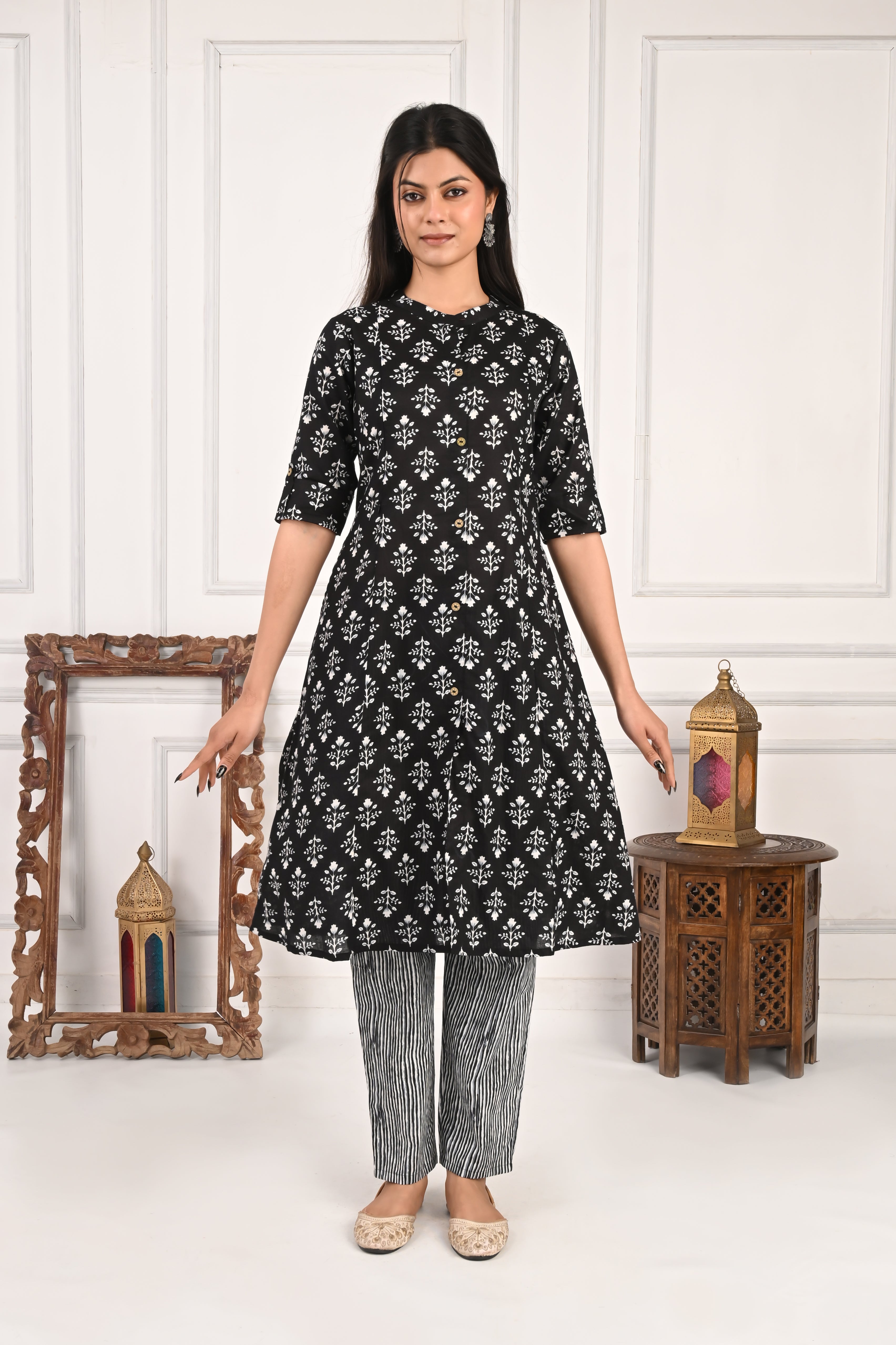 Black Pure Cotton Printed Feeding Kurta and Pant Set