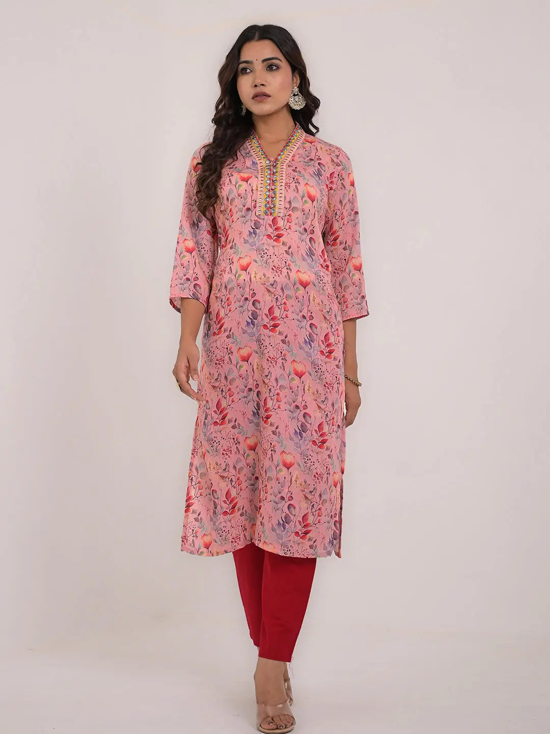 Women's Maslin Silk Printed Embroidery Straight Kurta Kavita Gupta