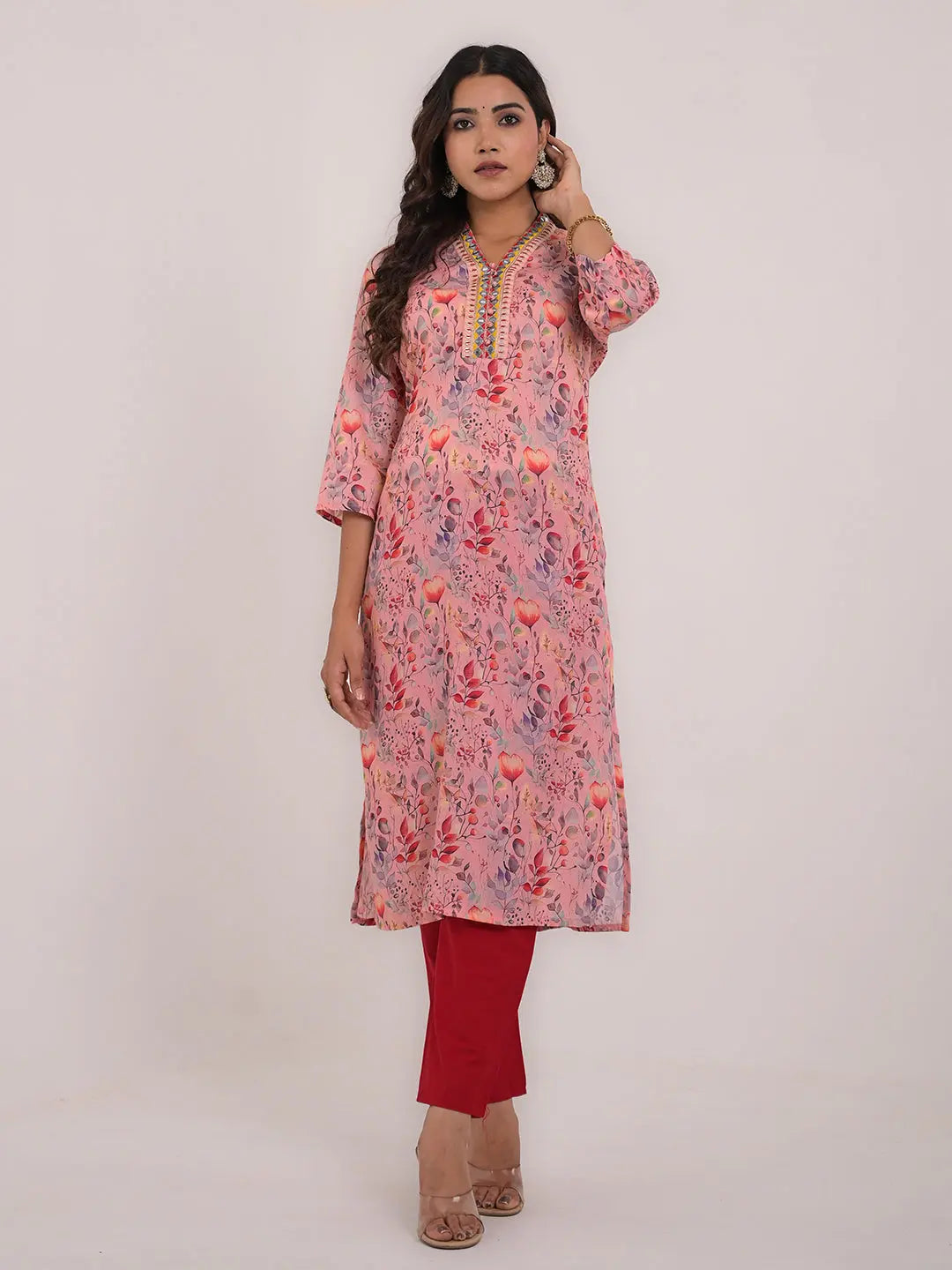 Women's Maslin Silk Printed Embroidery Straight Kurta Kavita Gupta