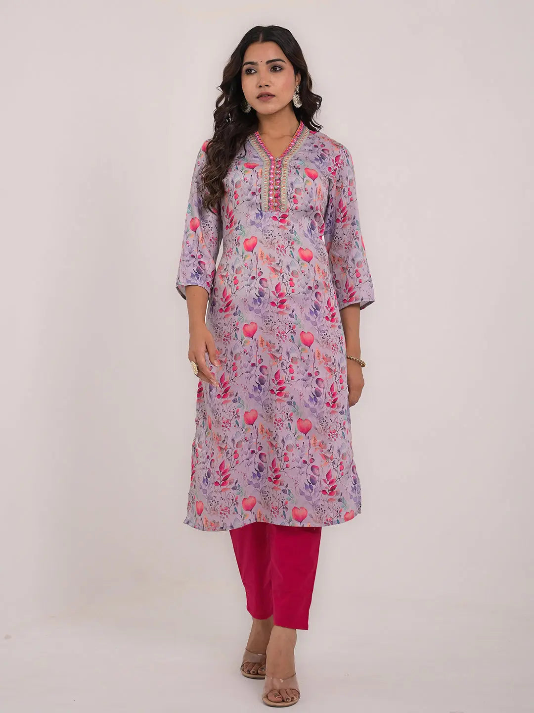 Women's Maslin Silk Printed Embroidery Straight Kurta Kavita Gupta