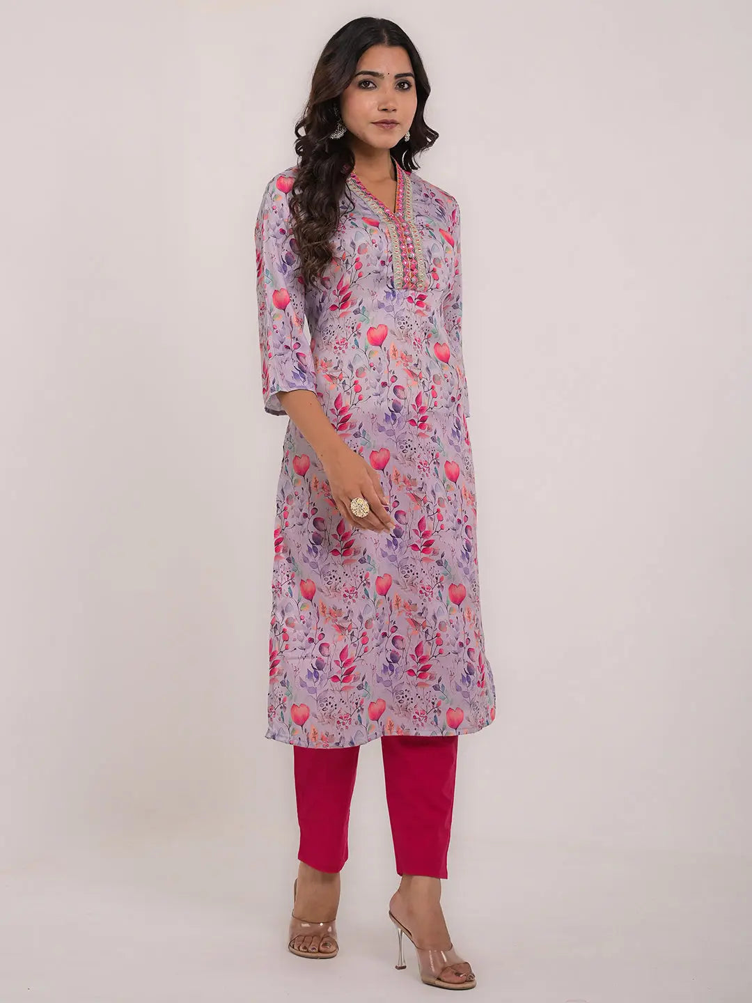 Women's Maslin Silk Printed Embroidery Straight Kurta Kavita Gupta