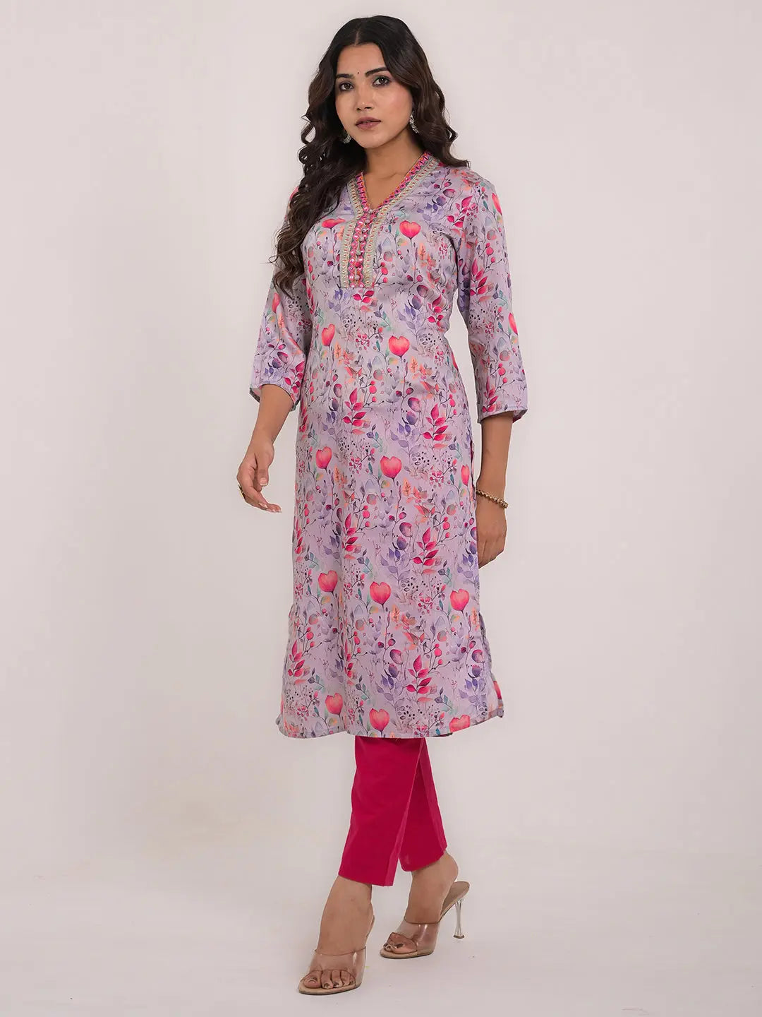 Women's Maslin Silk Printed Embroidery Straight Kurta Kavita Gupta