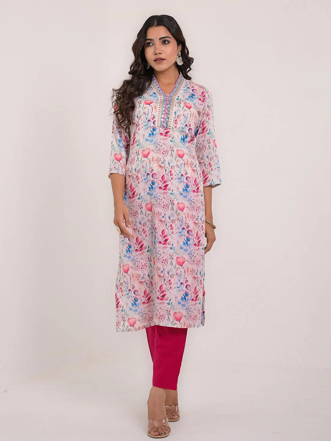 Women's Maslin Silk Printed Embroidery Straight Kurta Kavita Gupta