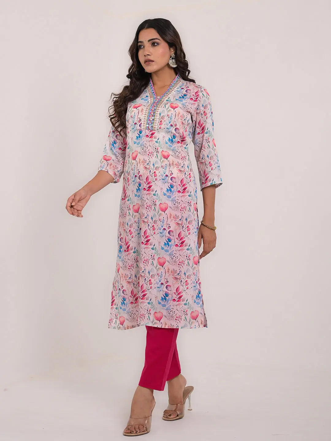 Women's Maslin Silk Printed Embroidery Straight Kurta Kavita Gupta