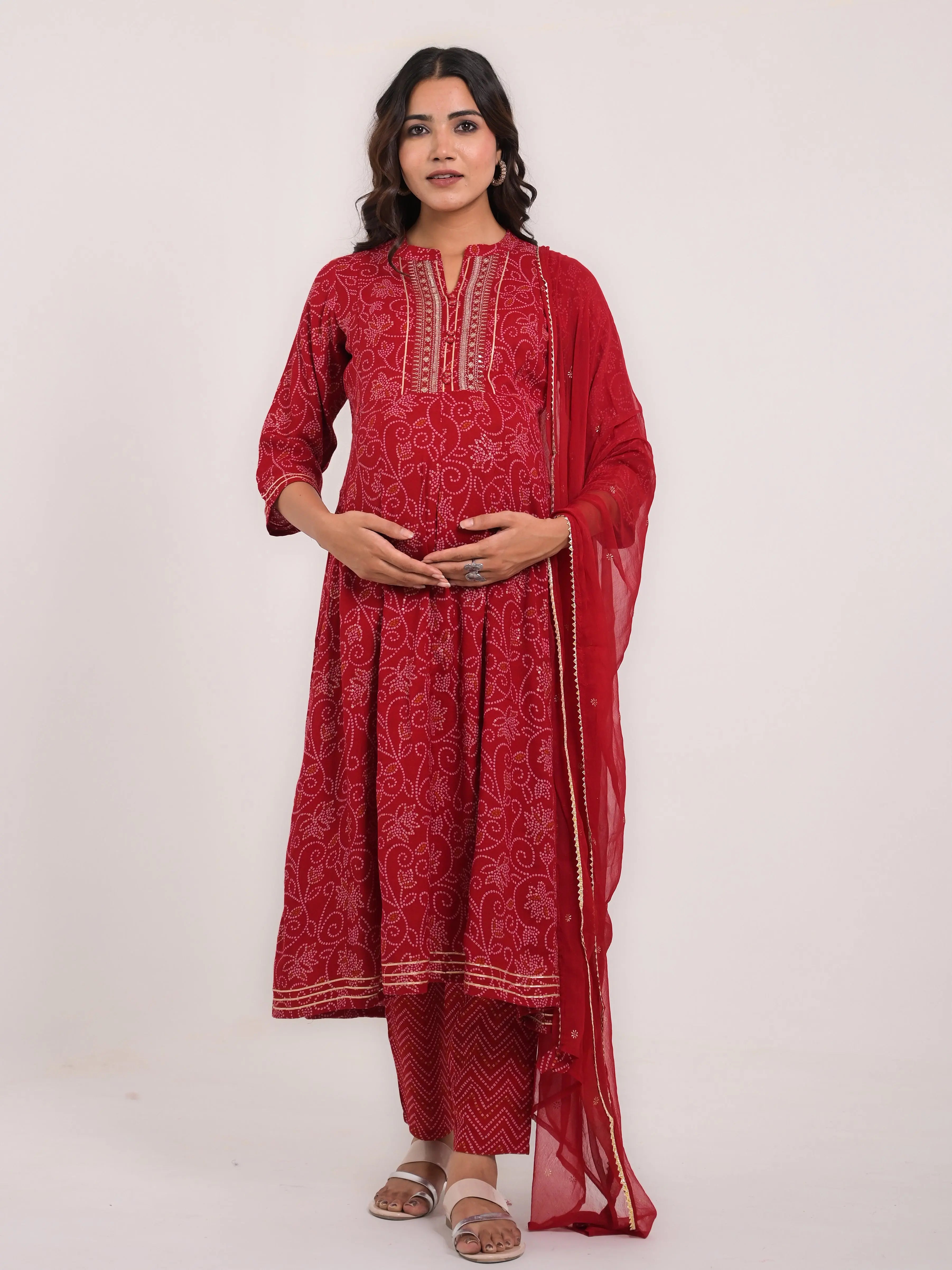 Viscose rayon jaipuri print embroidered anarkali with pant and chiffon duptta for maternity and feeding purpose mumzhug