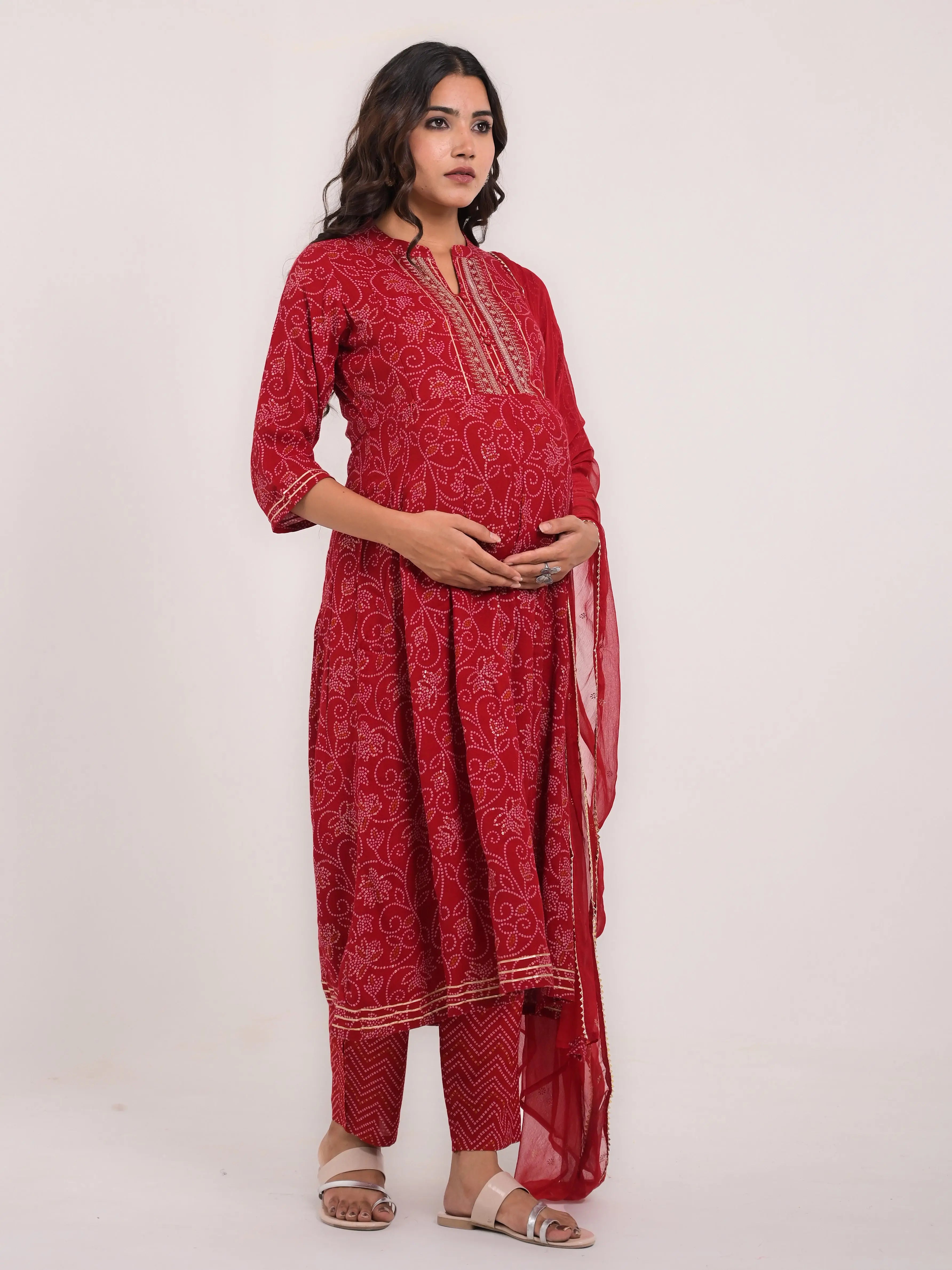 Viscose rayon jaipuri print embroidered anarkali with pant and chiffon duptta for maternity and feeding purpose mumzhug