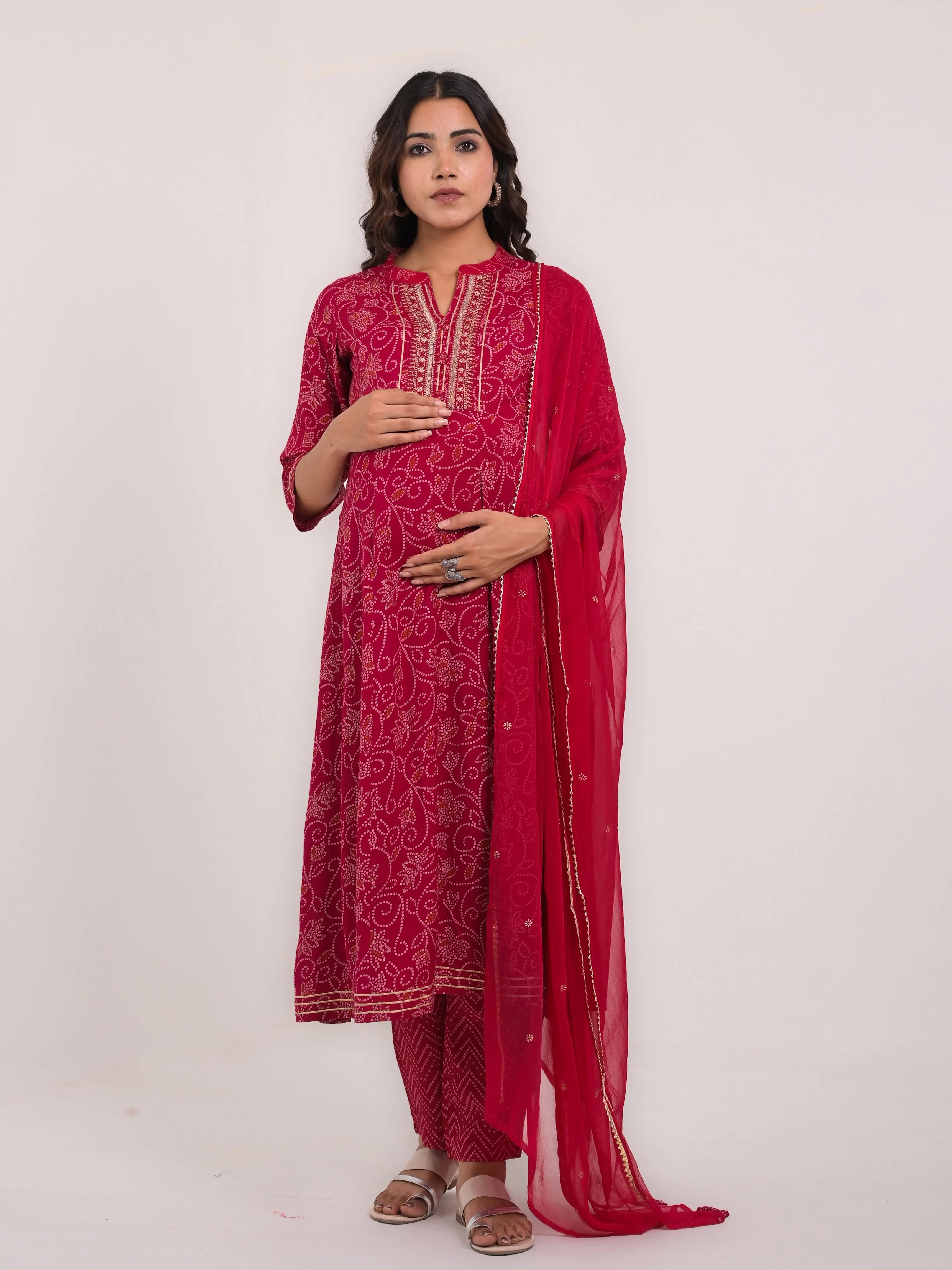 Viscose rayon jaipuri print embroidered anarkali with pant and chiffon duptta for maternity and feeding purpose mumzhug