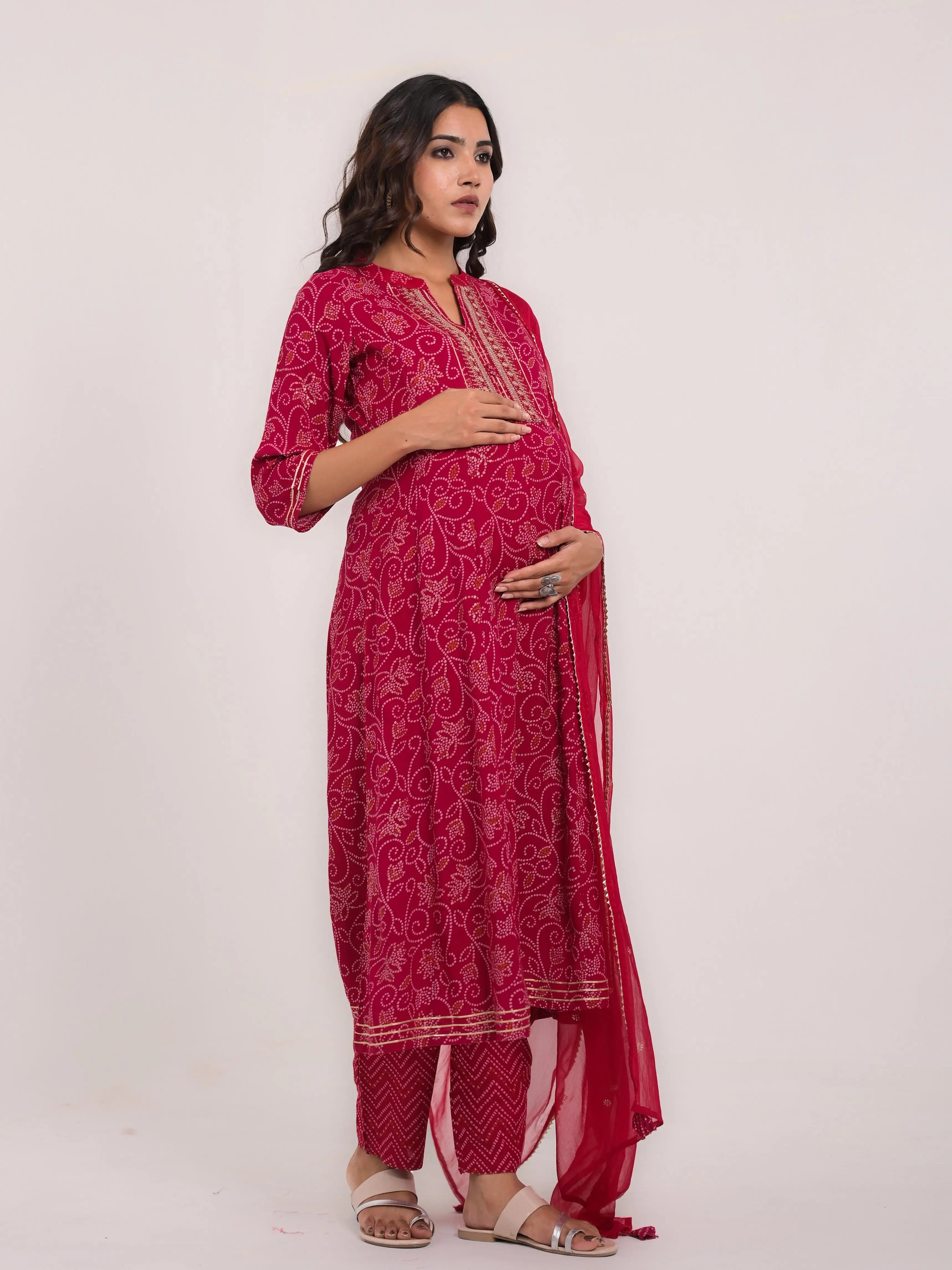 Viscose rayon jaipuri print embroidered anarkali with pant and chiffon duptta for maternity and feeding purpose mumzhug