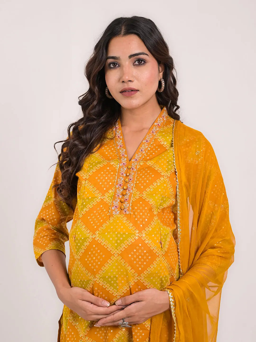 MUMZHUG MUSTARD COLORED BANDHEJ PRINT COTTON KURTA PANT AND DUPATTA FOR FEEDING AND MATERNITY PURPOSE mumzhug